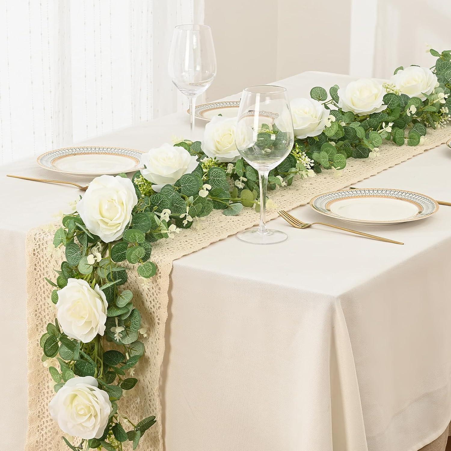 13Ft White Rose and Eucalyptus Artificial Garland Set