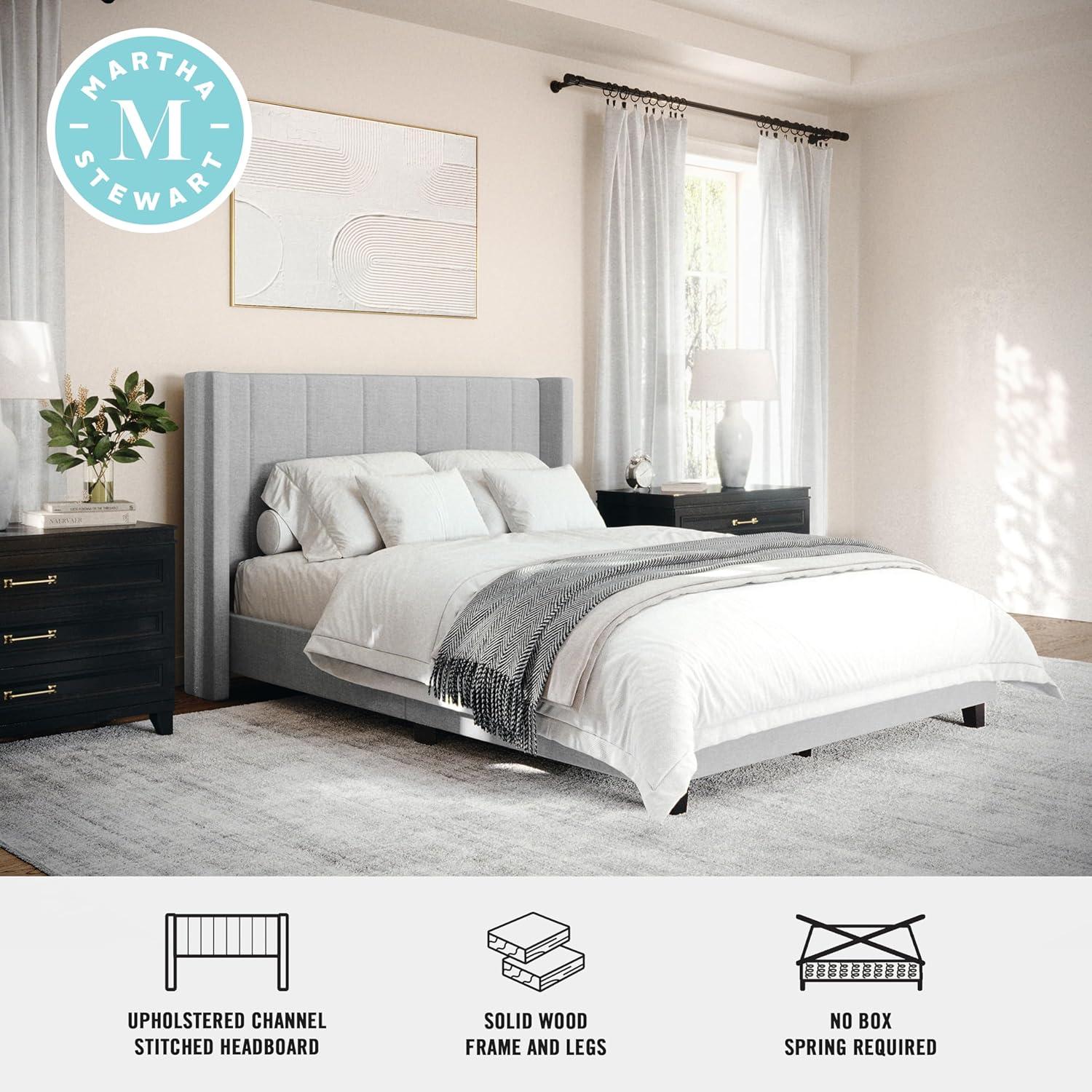 Martha Stewart Kay Full Upholstered Platform Bed with Channel Stitched Wingback Headboard and Cushioned Siderails, Wood Slat Foundation, No Box Spring Needed, Gray