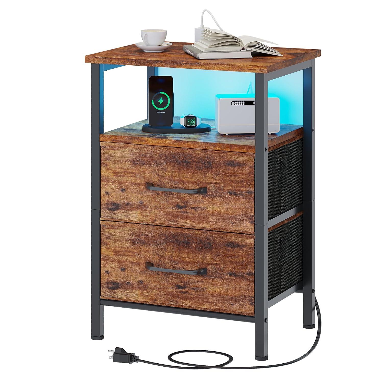 End Table with Charging Station, Narrow Side Table with 2 Fabric Drawers, Skinny Nightstand with LED Light, Slim Bedside Table for Bedroom, Living Room, Small Spaces, White