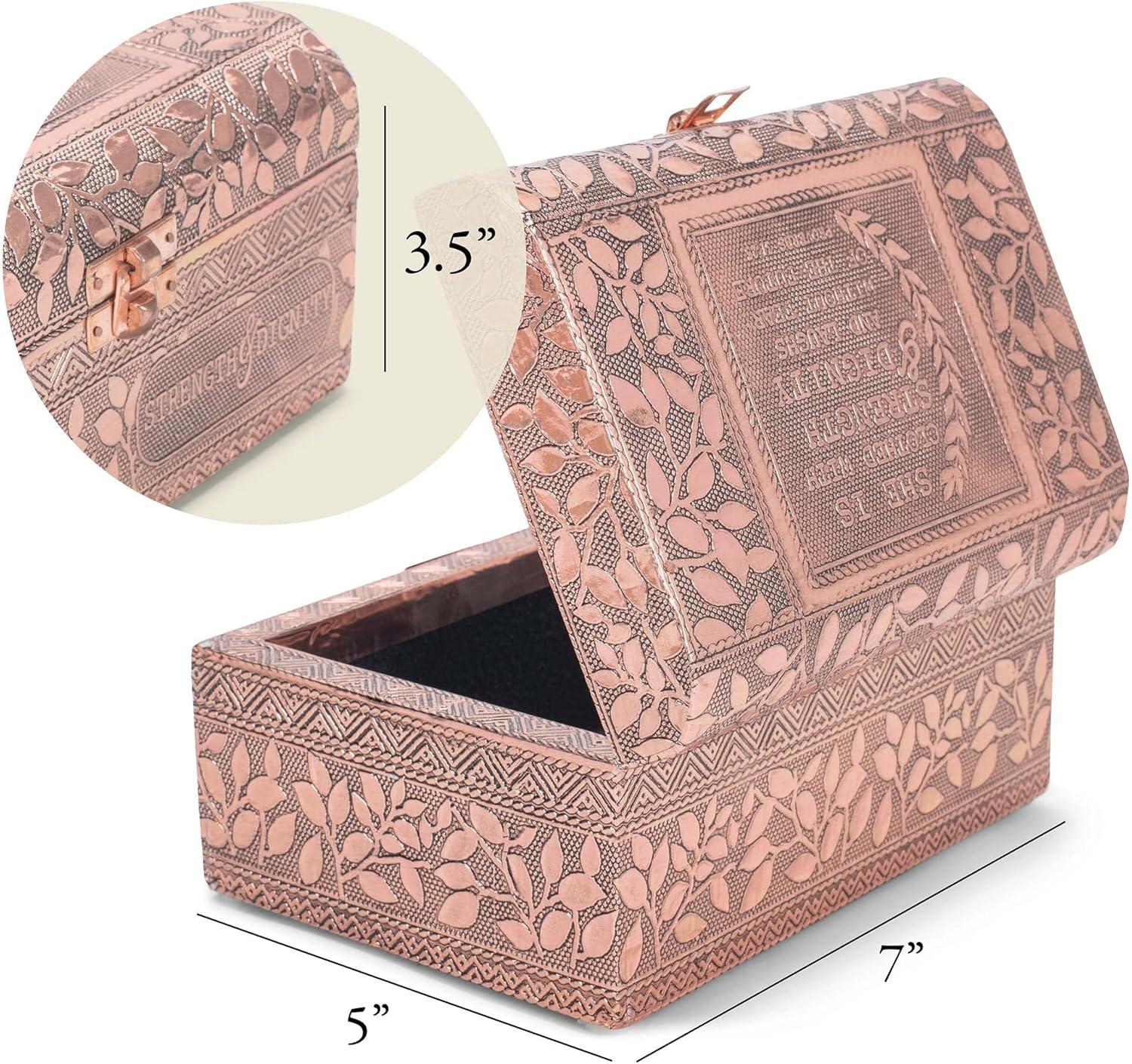 Cottage Garden Strength Copper Tone Metal Stamped Round Top Trunk Keepsake Box