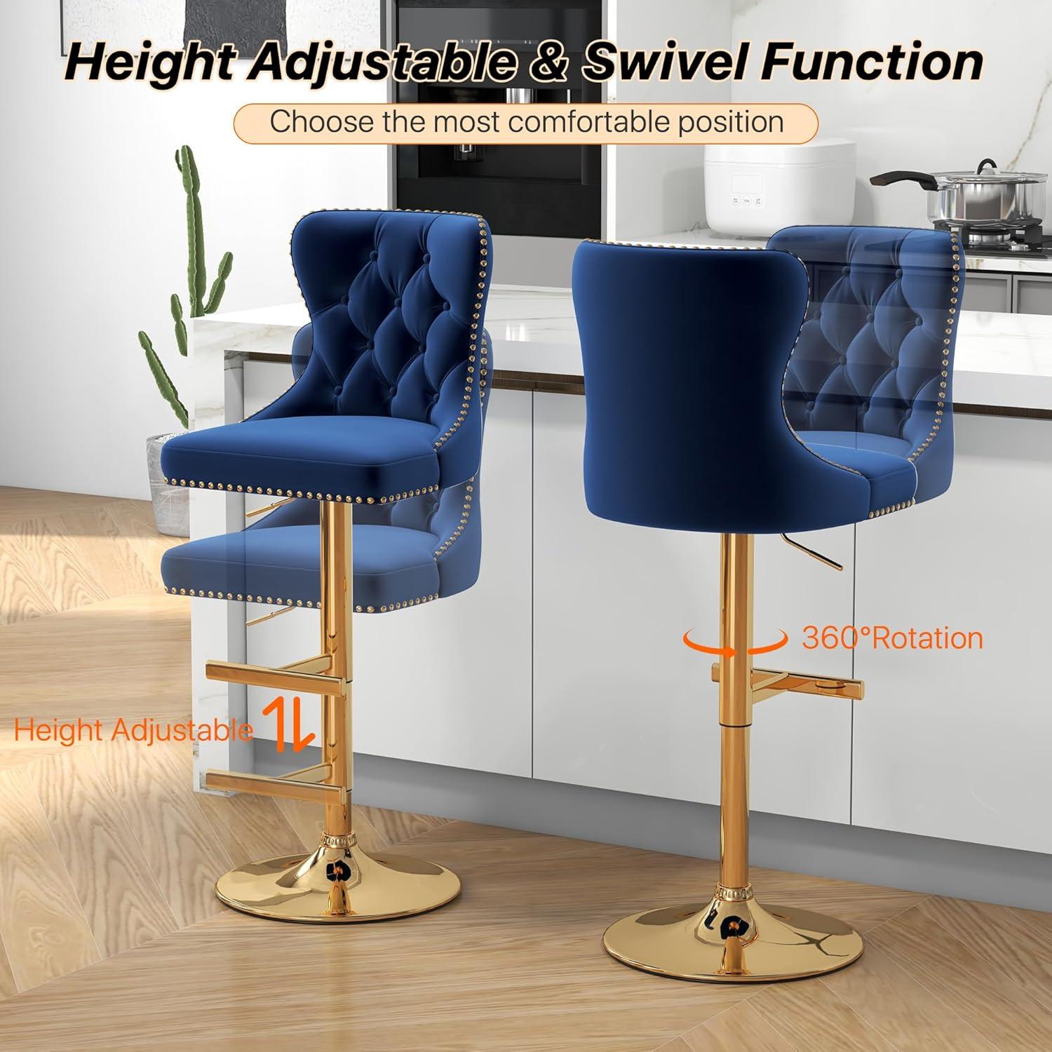 Swivel Bar Stools Set of 2, Height Adjustable Dining Chairs with Rivets, Button Tufted Back and Metal Footrest, Velvet Upholstered Side Chairs, Armless Chairs for Dining Room Bar Kitchen Island