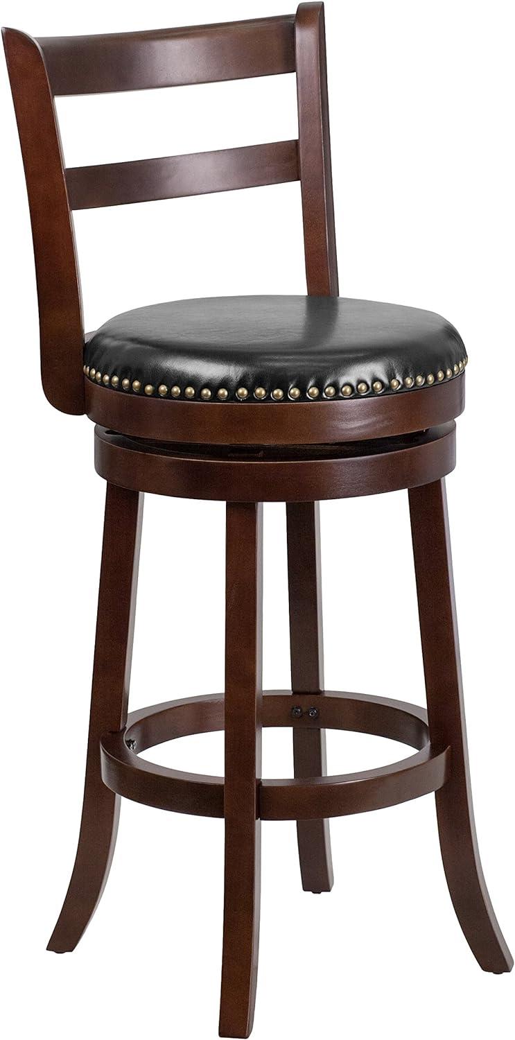 Elegant Cappuccino Wood Barstool with Black Leather Swivel Seat