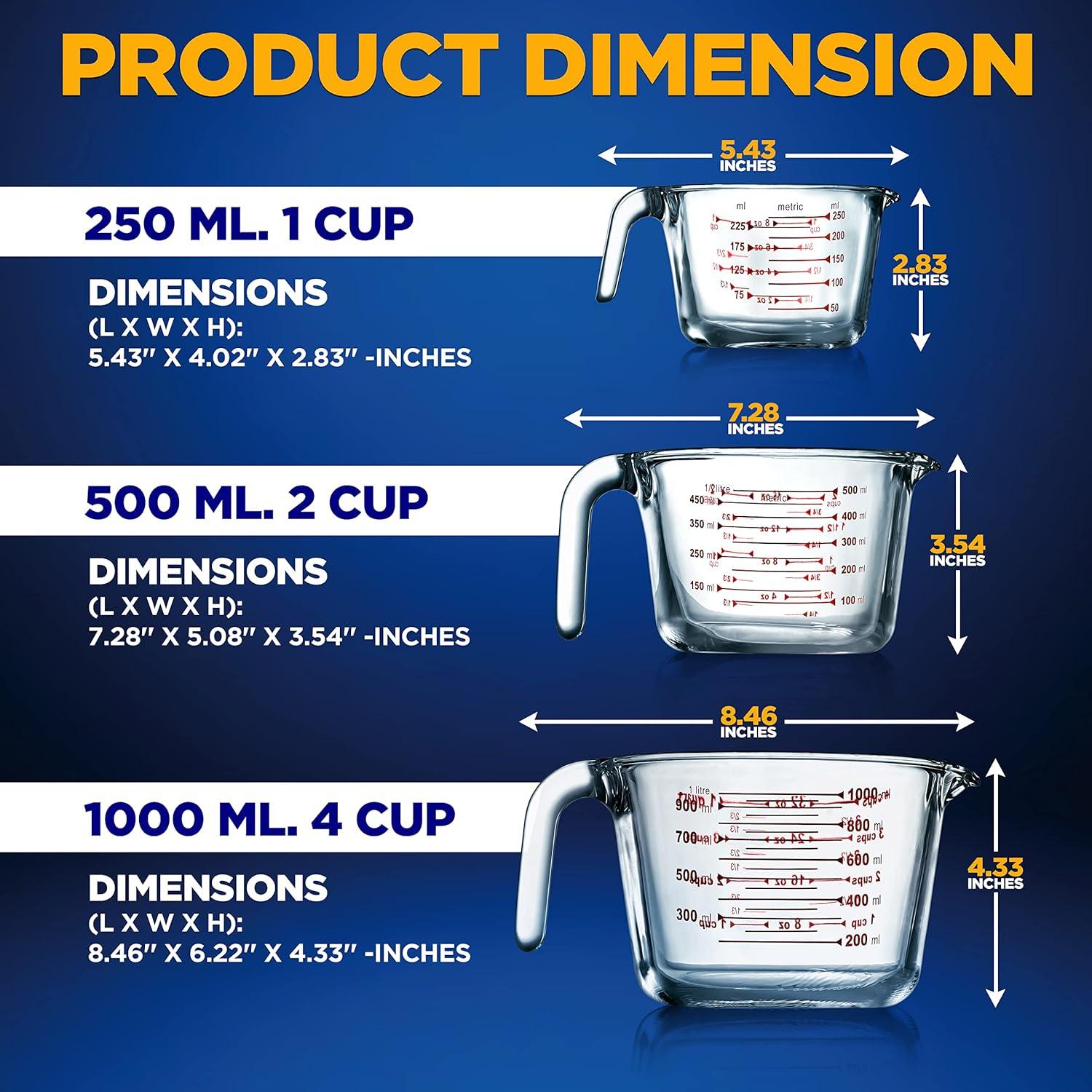 NutriChef 3pc Premium Glass Measuring Cup Set with Easy-Grip Handles - NCGL3MES