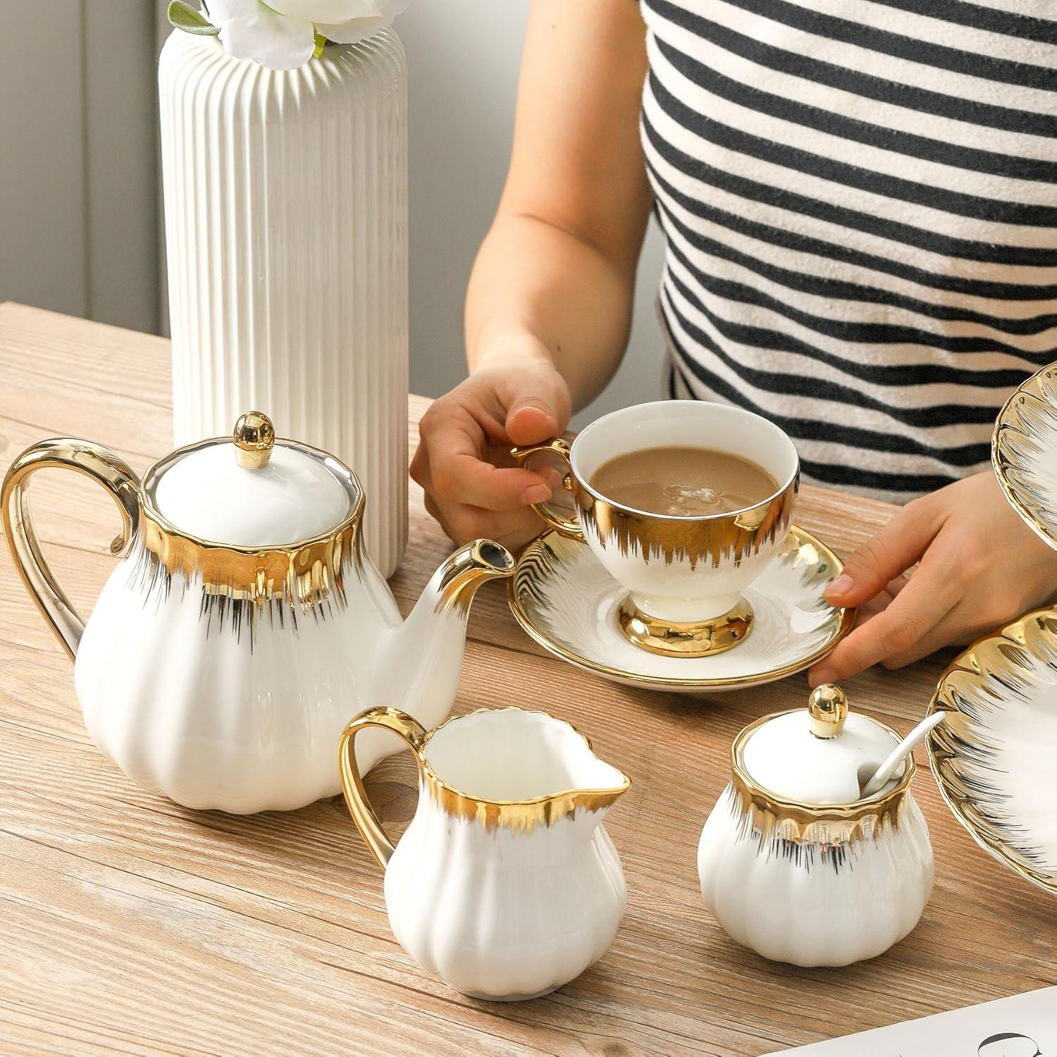 FAST APPLIANCES LLC Cappuccino Cups With Saucers, 7 Oz Porcelain Double Espresso Cups Set, Ceramic Turkish Coffee Cups With Trim, Tea Cups Set Of 6, Cafe Cups For Latte, Mocha, Au Lait