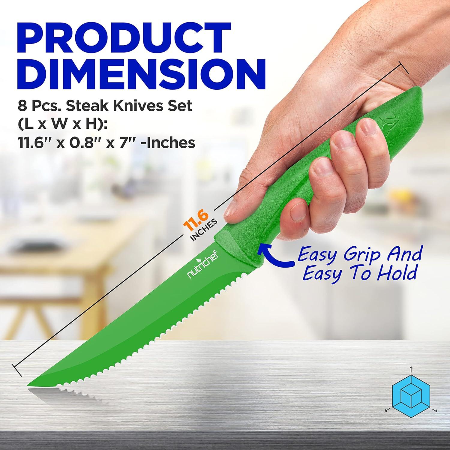 NutriChef 8-Piece Steak Knives Set with Non-Stick Coating and Stainless Steel Blades - Green