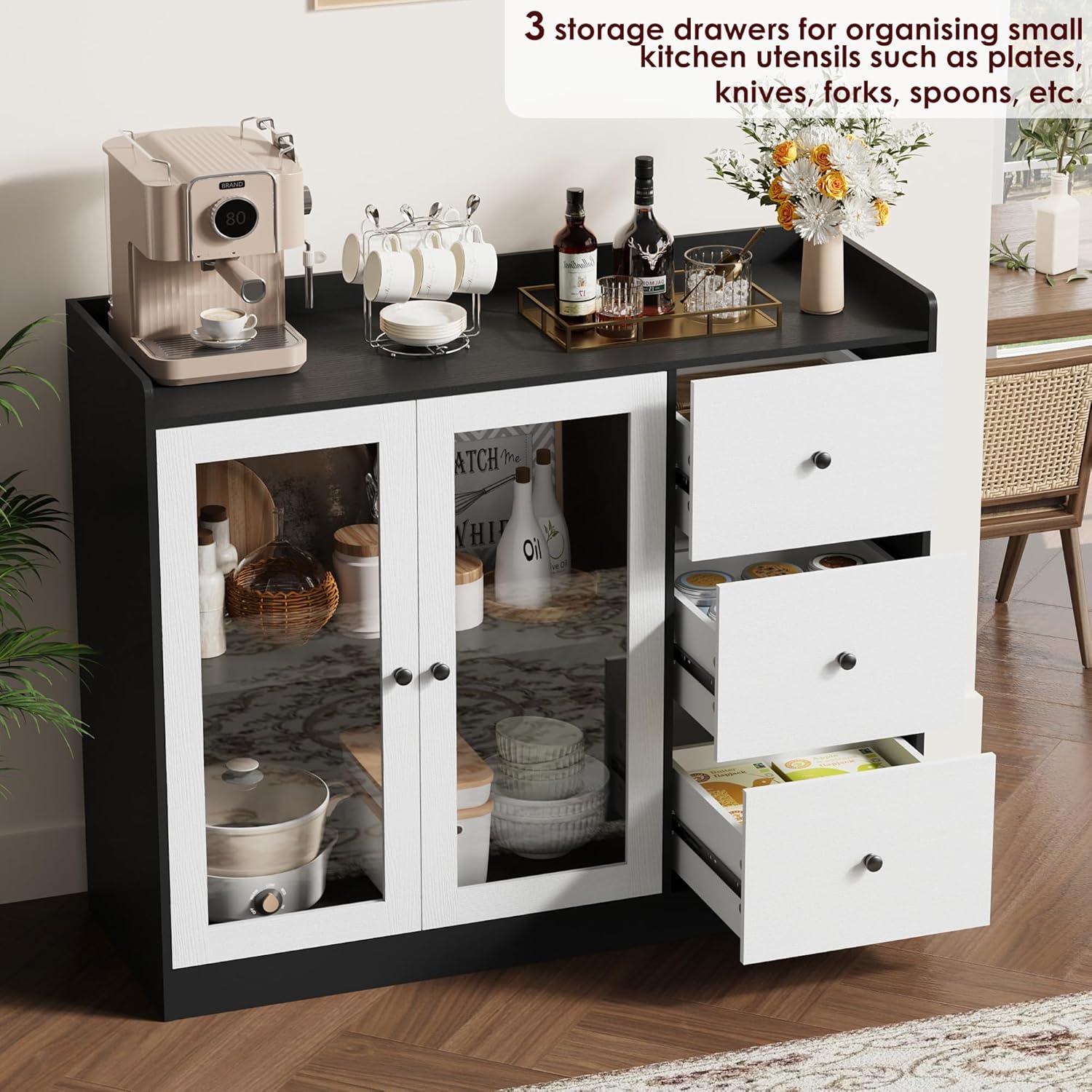 ZACOO Sideboard Buffet Cabinet With Storage, 43" Coffee Bar Cabinet With Glass Doors And 3 Drawers, Storage Cabinet With Adjustable Shelves