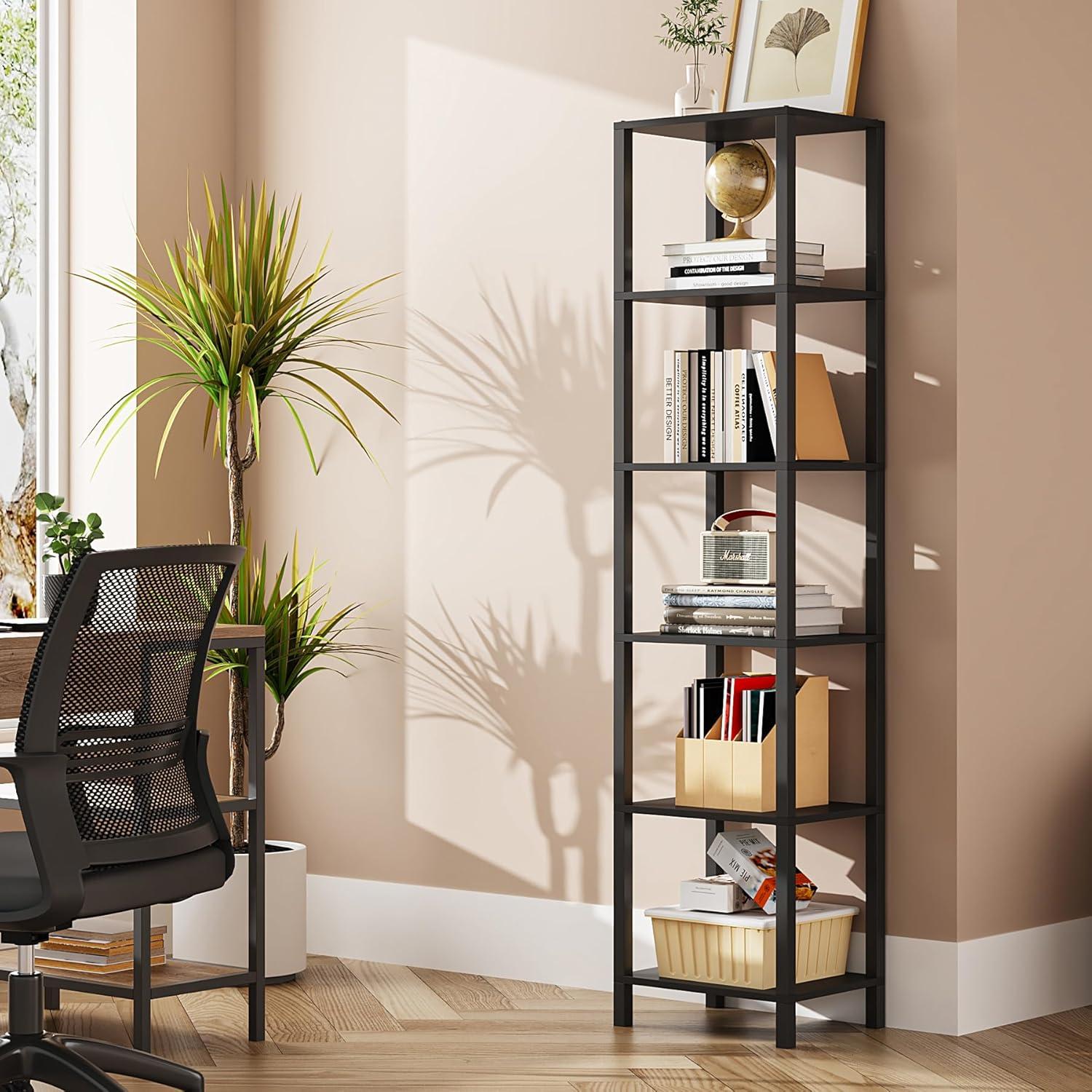 6 Tier Tall Book Shelf - 10.7"D x 15"W x 65.3"H Black