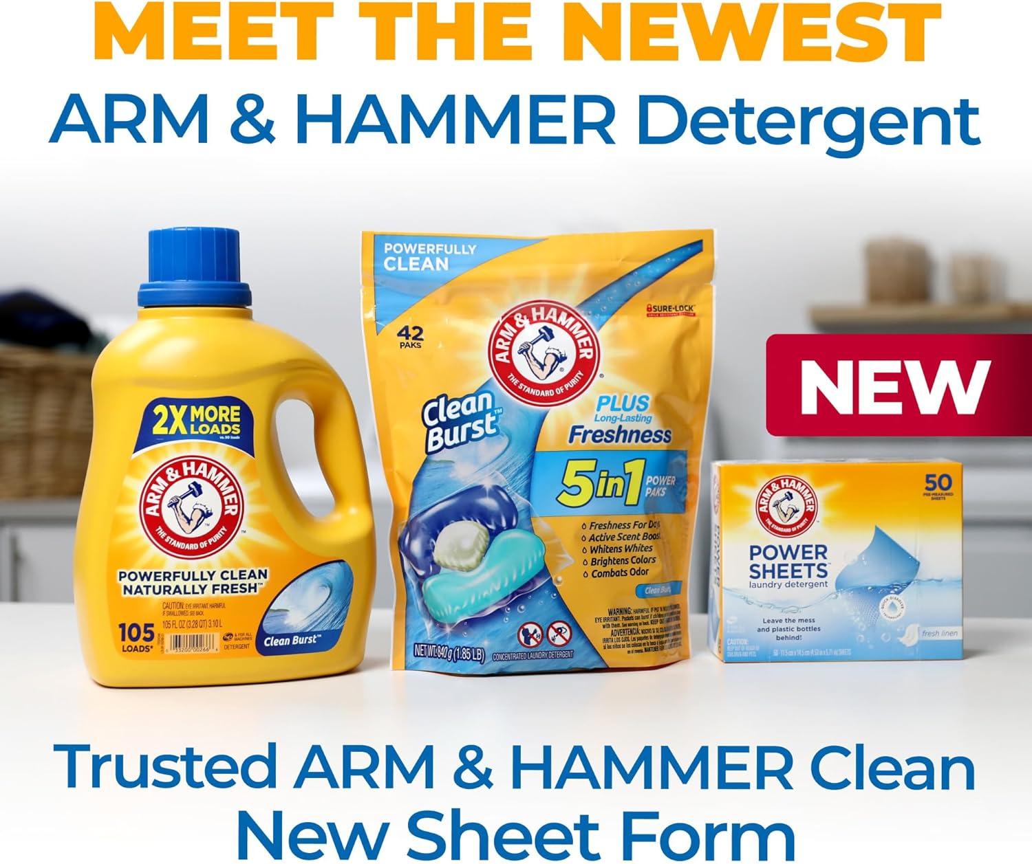 ARM & HAMMER Power Sheets Laundry Detergent Sheets, Fresh Linen, 50 Count, up to 100 Loads