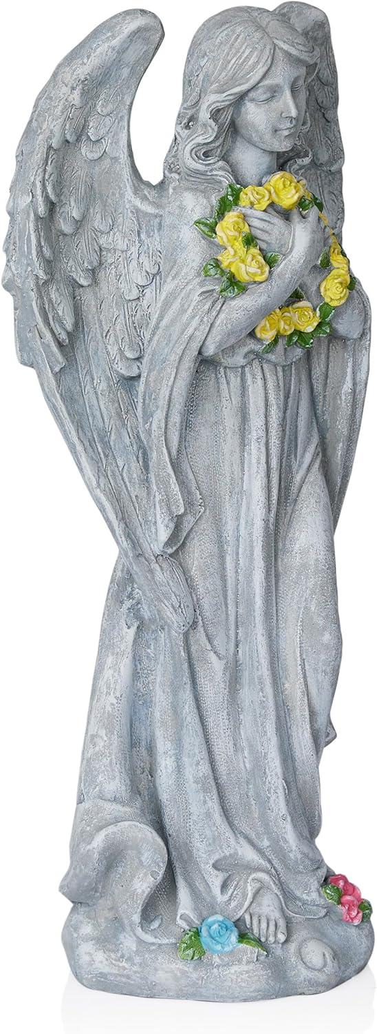 Alpine Corporation 29"H Angel with Yellow Flower Wreath Garden Statue
