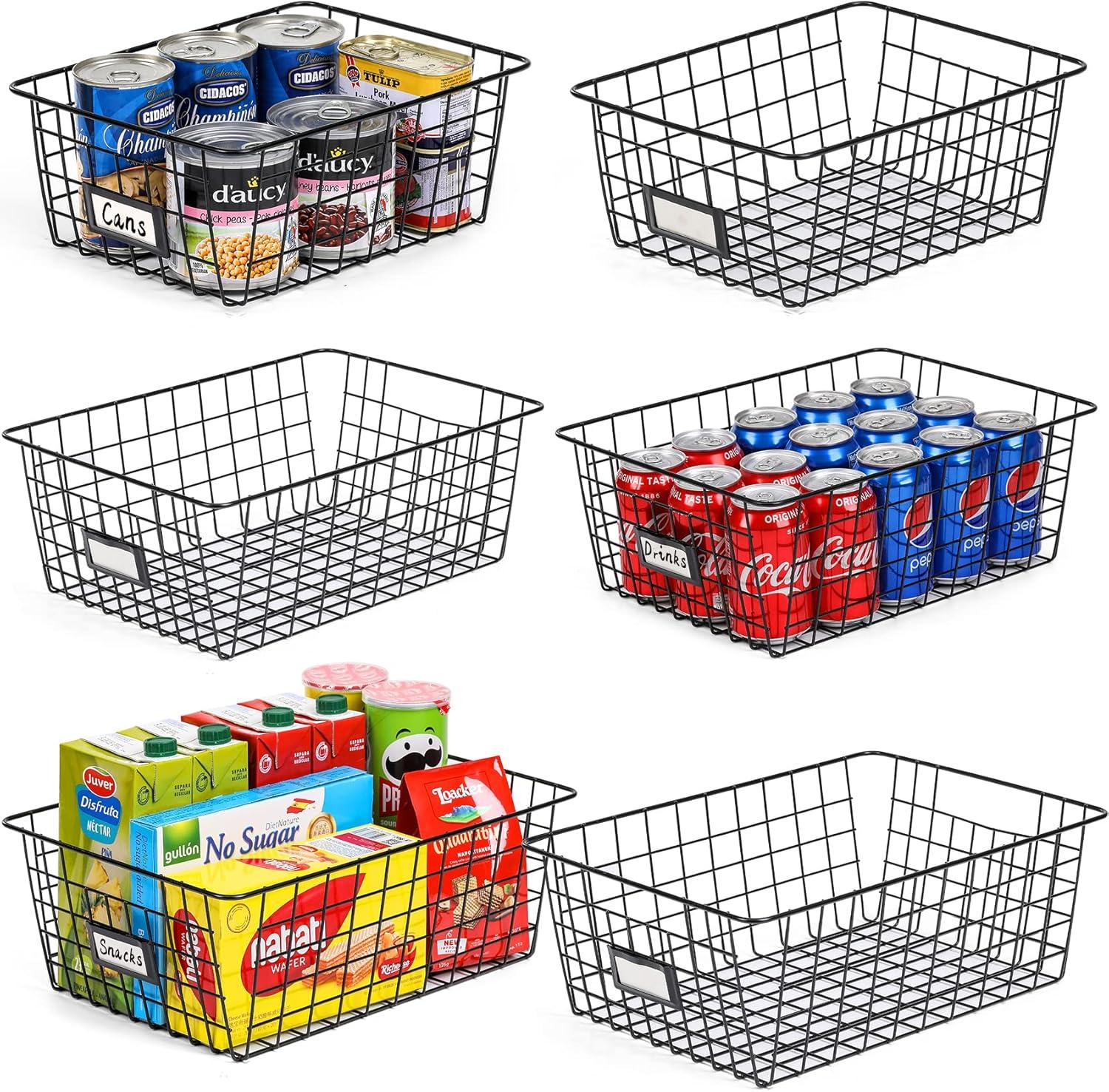 6 Pack [ Extra Large ] Wire Storage Baskets For Organizing With Lables, Pantry Organization Bins Cabinets - Metal Basket Kitchen, Laundry, Garage, Fridge, Bathroom Countertop Organizer