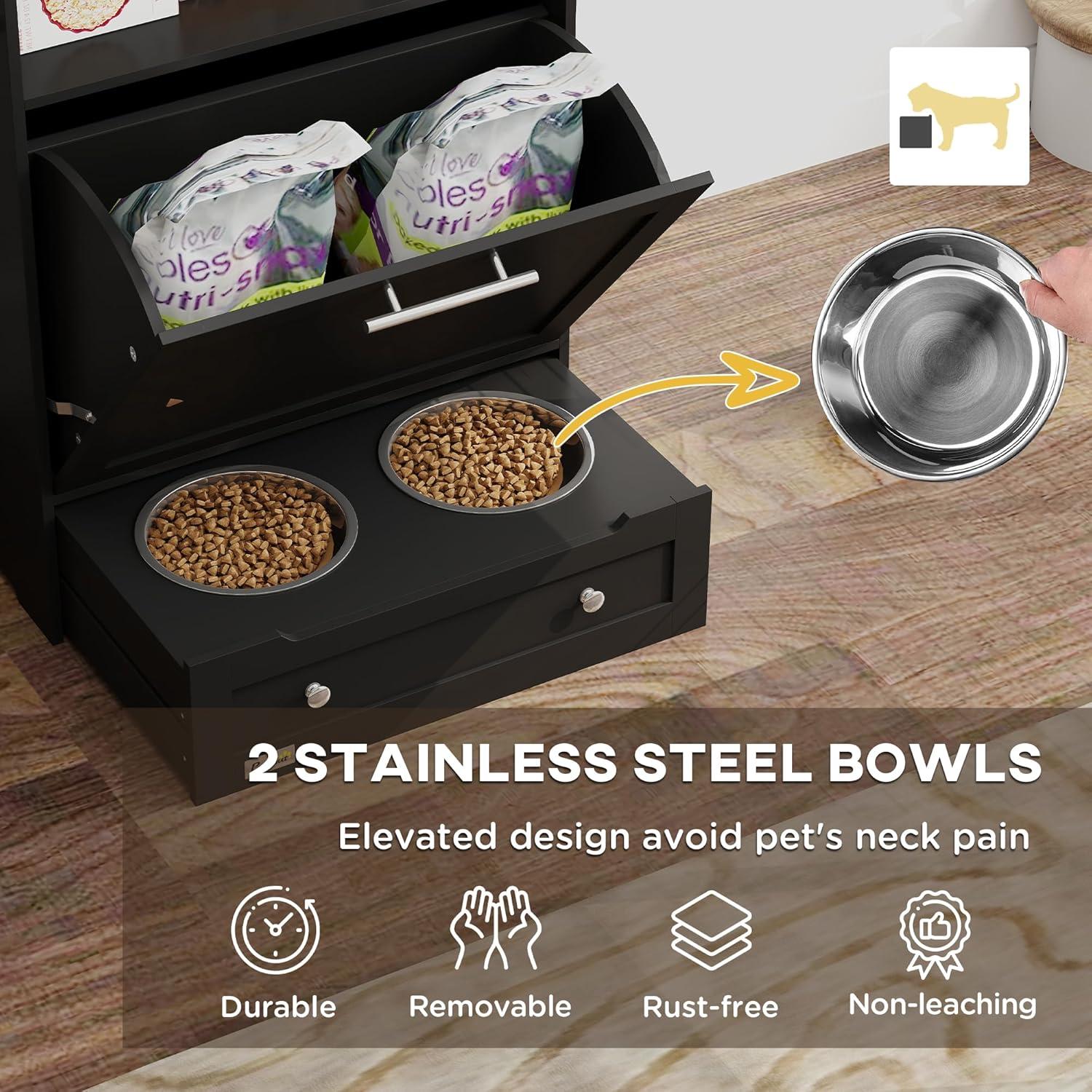 Black Elevated Pet Feeder Station with Storage Cabinet