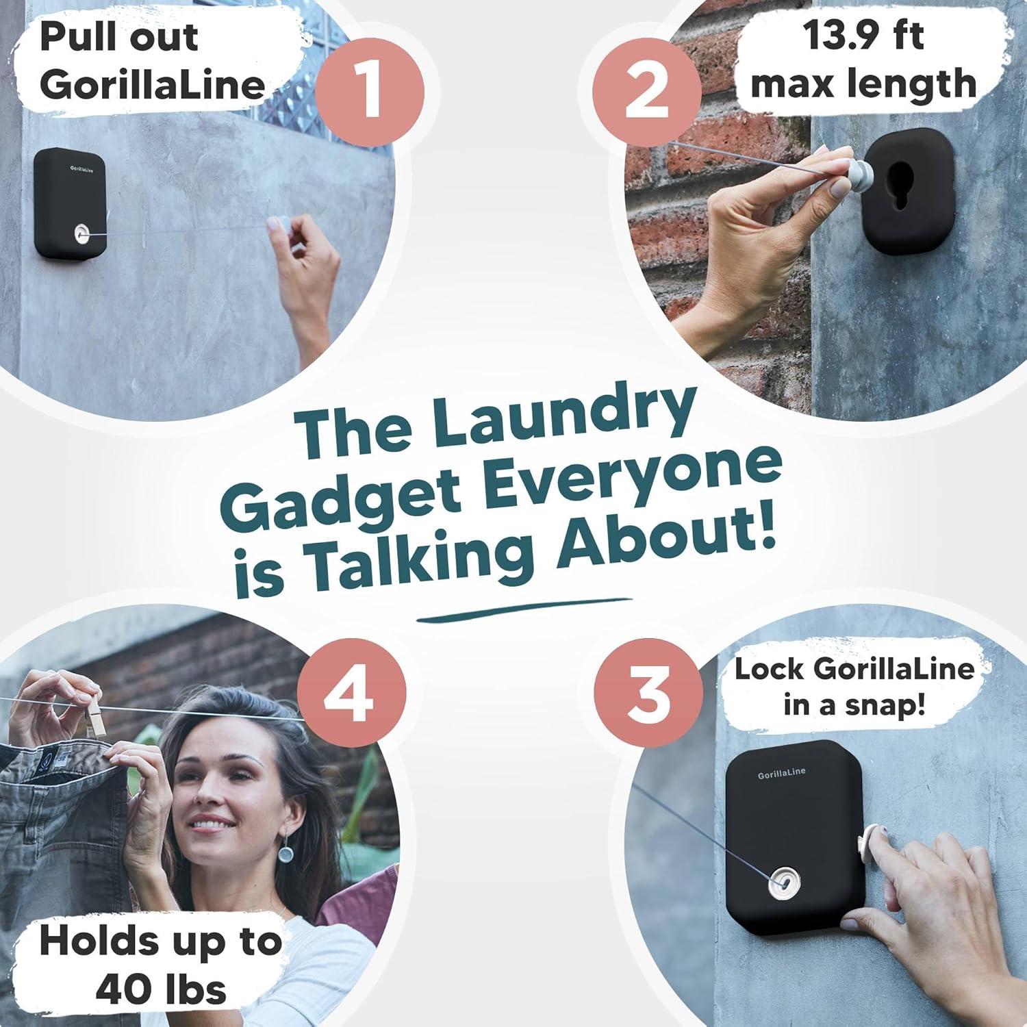 GorillaLine - Retractable Clothesline Indoor Outdoor Clothes Line - Heavy Duty Clothes Drying Laundry Line - Wall Mounted Drying Rack - Air Dry Clothing