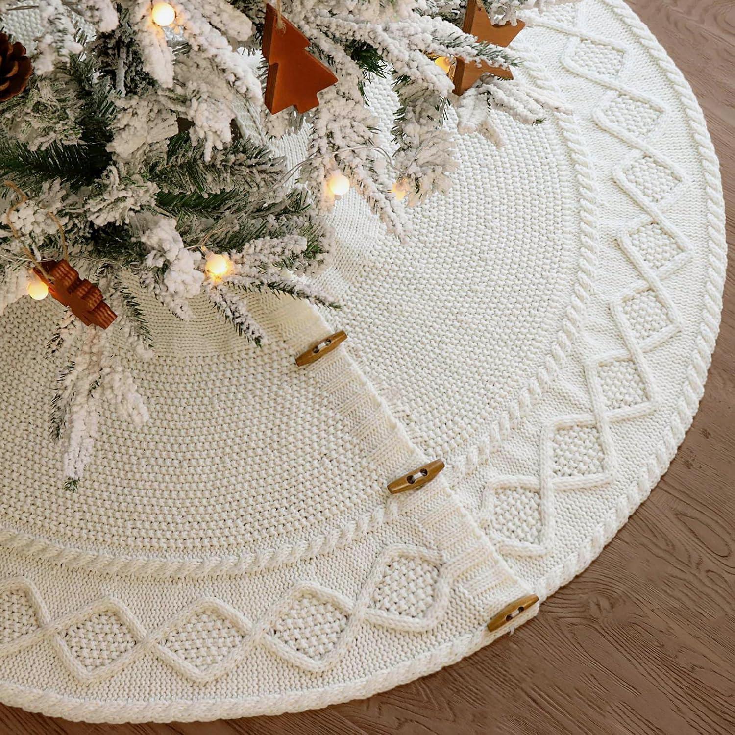 Cream Cable Knit 48-Inch Christmas Tree Skirt with Diamond Pattern