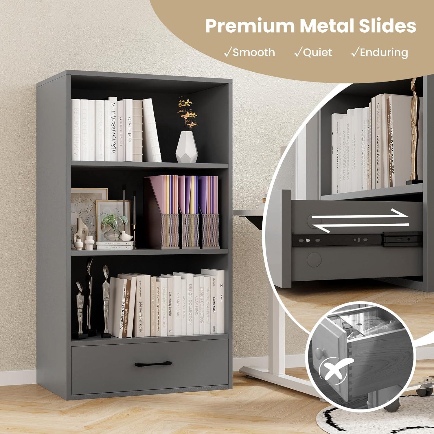 Resenkos Bookshelf,Shelf, Open Bookcase Book Shelf,Storage Shelf Unit Plant Stand,48 Inch Tall 4 Tiers Wood Bookcase with Drawer-Gray