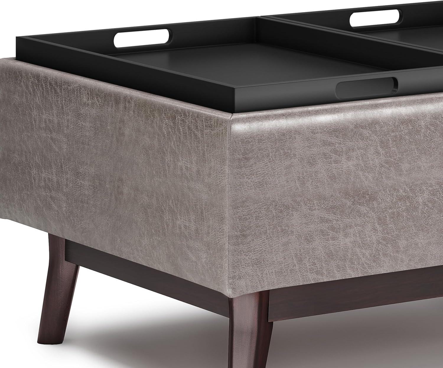 Simpli Home Owen 34"W Small Upholstered Coffee Table Storage Ottoman with Flip-Over Tray Top and Solid Wood Legs
