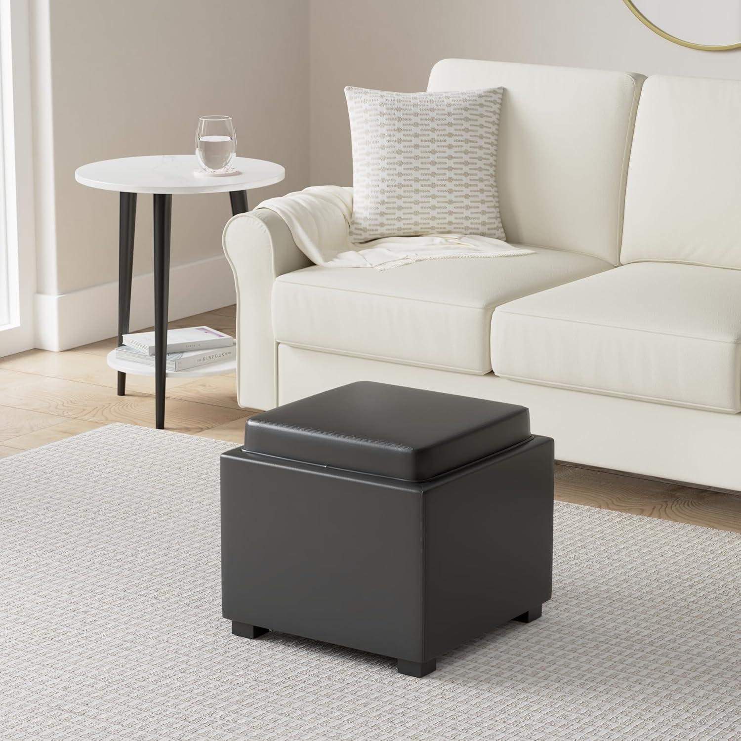 Black Faux Leather Storage Ottoman Cube with Tray Lid