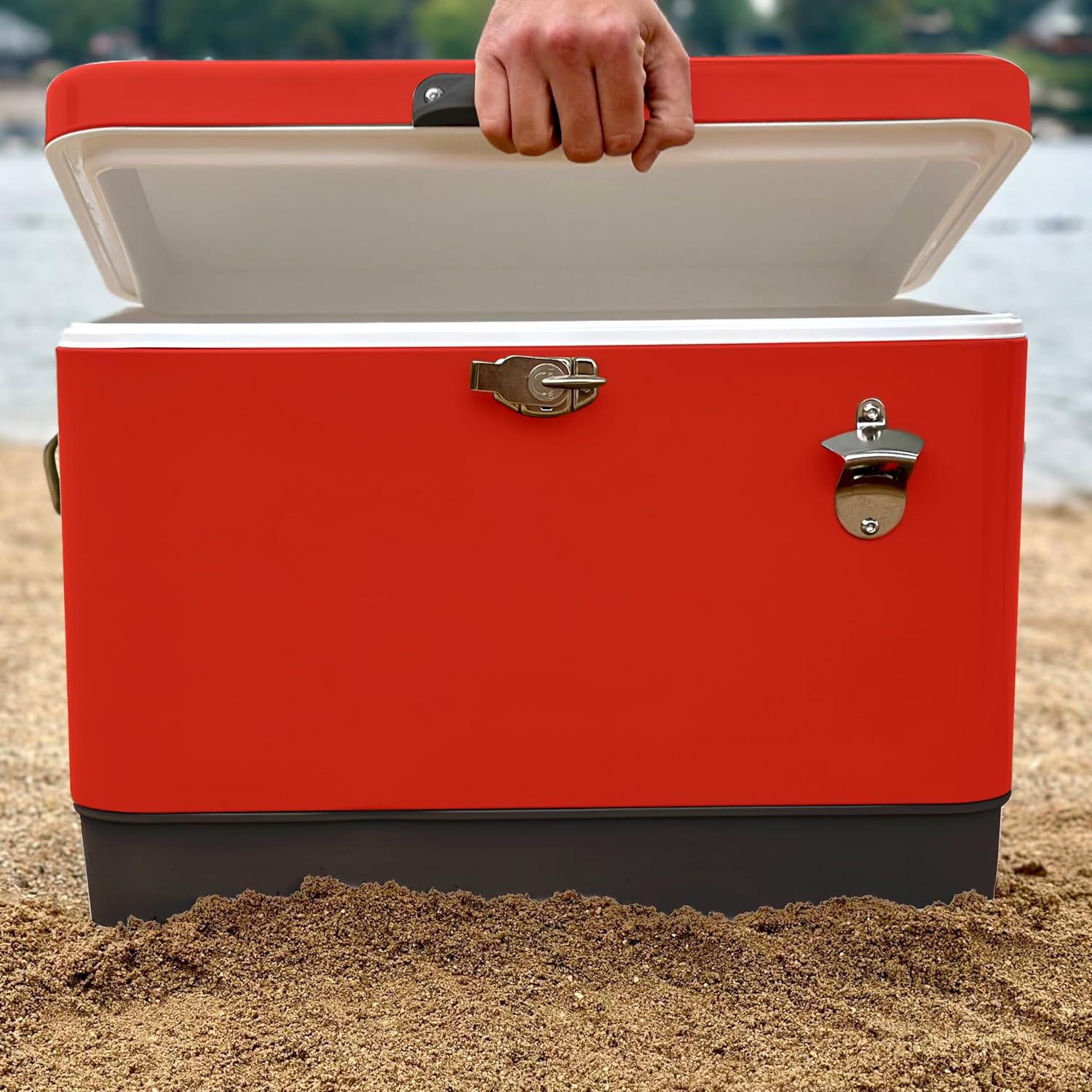 FSE Retro Metal Cooler, 80 Can/54 Qt. Capacity, Hard-Sided, Two Tone, Holds Up to 80 Beverage Cans, Metal Construction with Plastic Lining