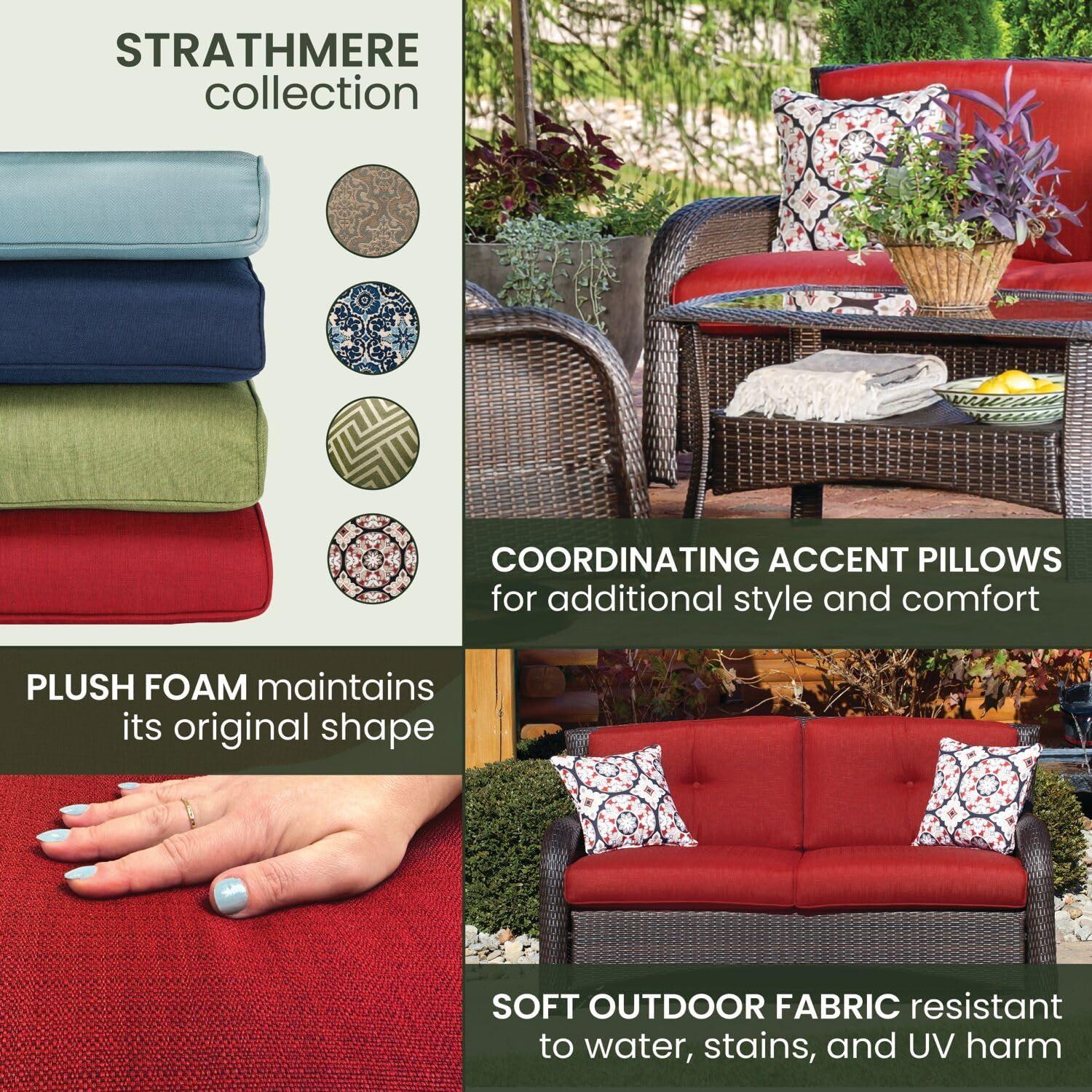 Hanover Strathmere 4-Piece Wicker and Steel Outdoor Conversation Set, Crimson Red