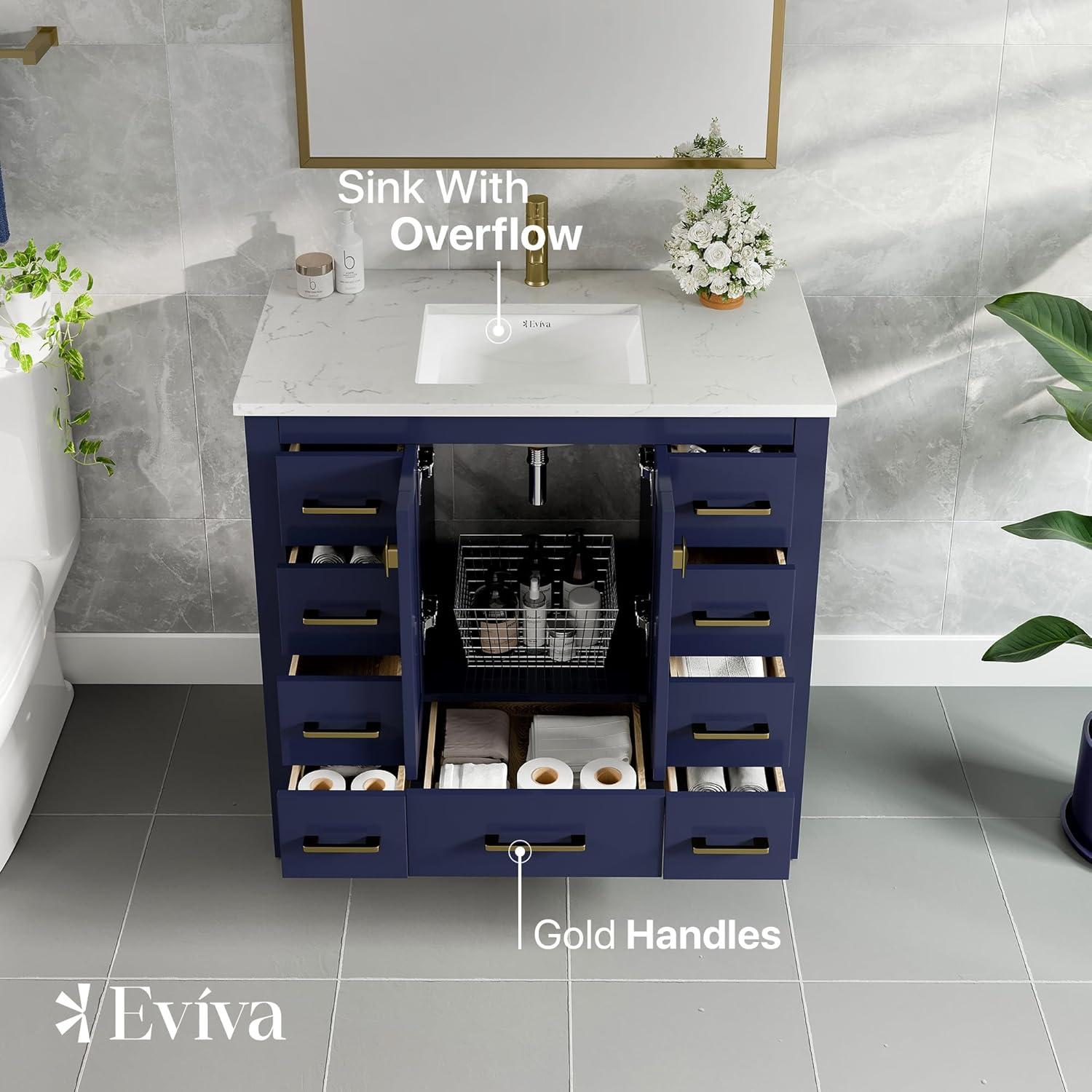 Eviva Hampton 36" Gray Transitional Bathroom Vanity w/ White Carrara Top