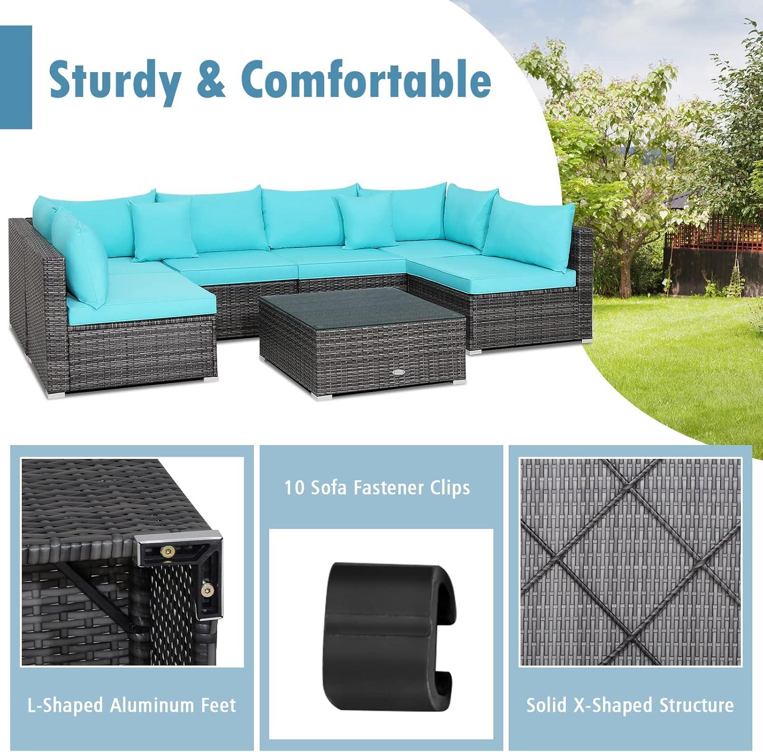 Costway 7PCS Patio Rattan Furniture Set Sectional Sofa Cushioned Turquoise