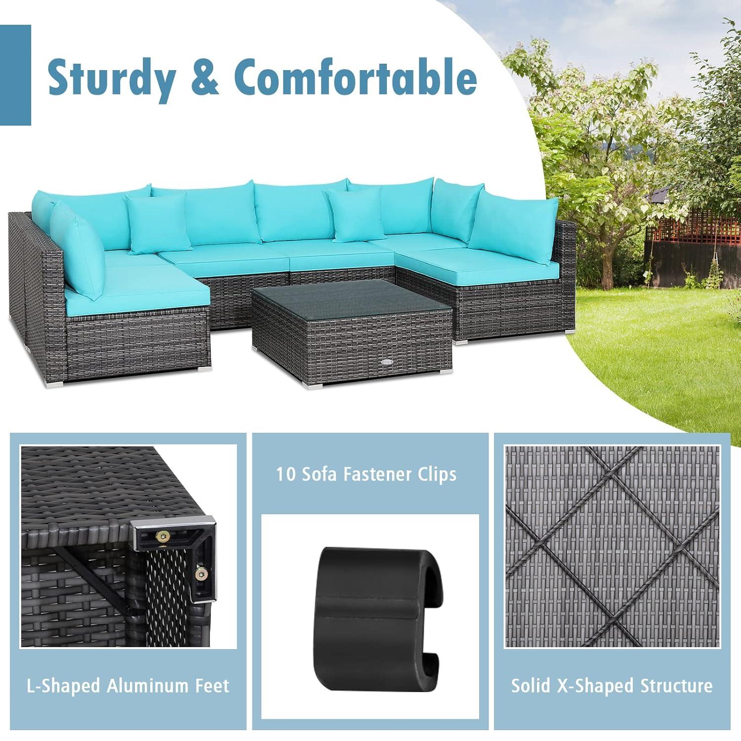 Costway 7PCS Patio Rattan Furniture Set Sectional Sofa Cushioned Turquoise