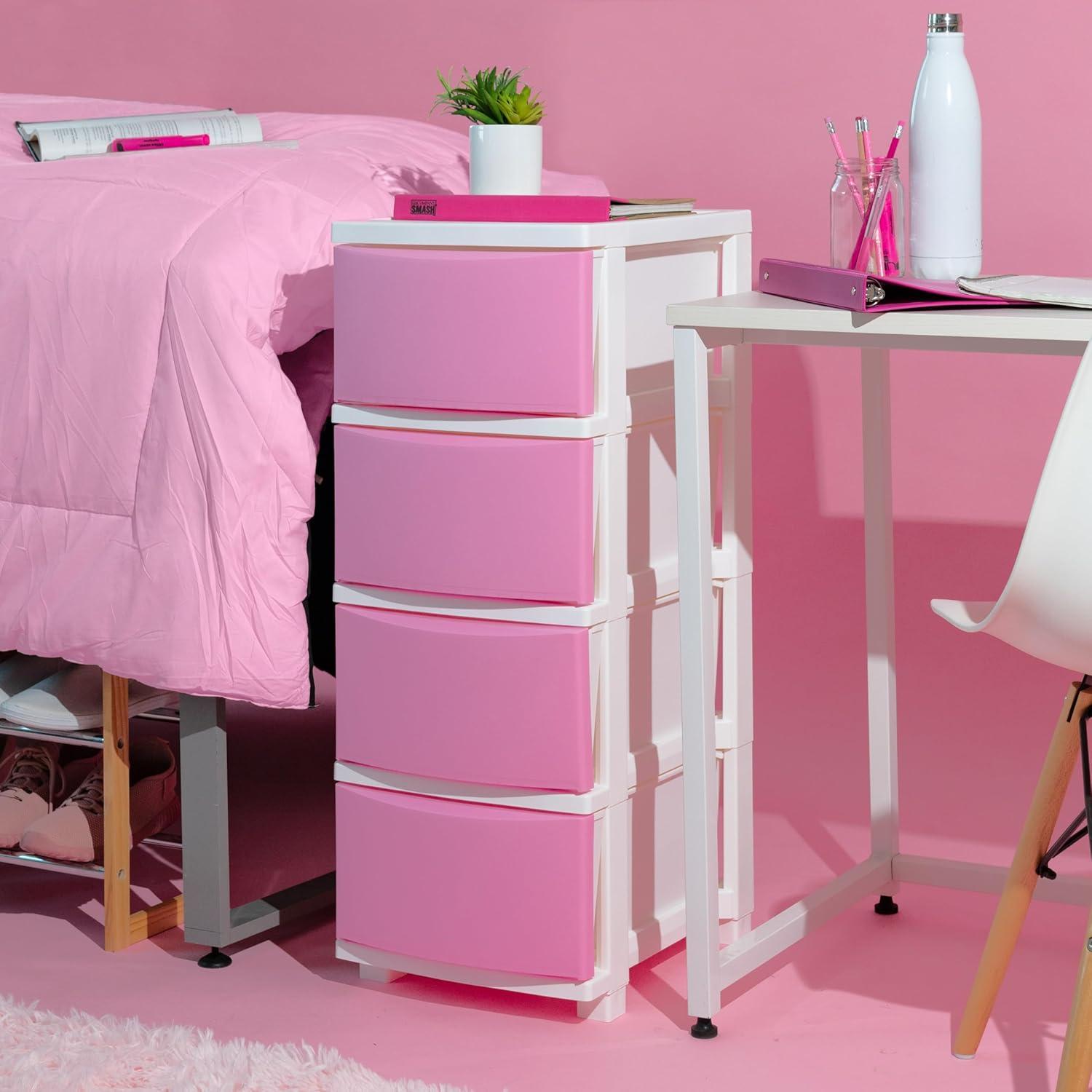 Slim White and Pink Plastic 4-Drawer Storage Cart