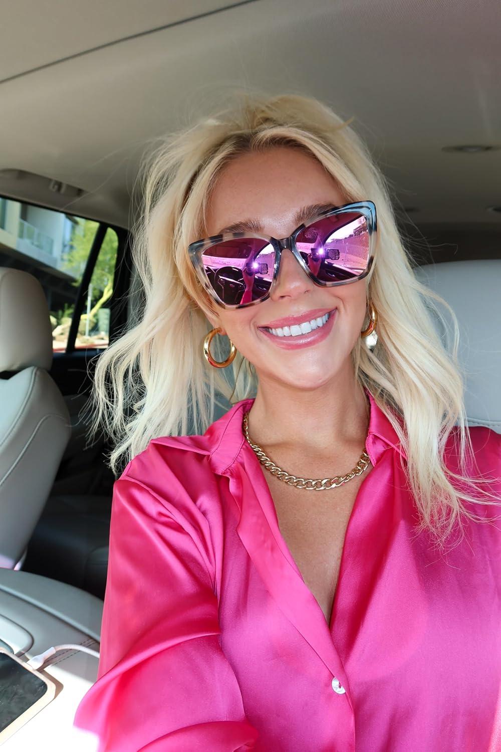 Oversized Cat Eye Cream Tortoise Sunglasses with Pink Mirrored Lenses