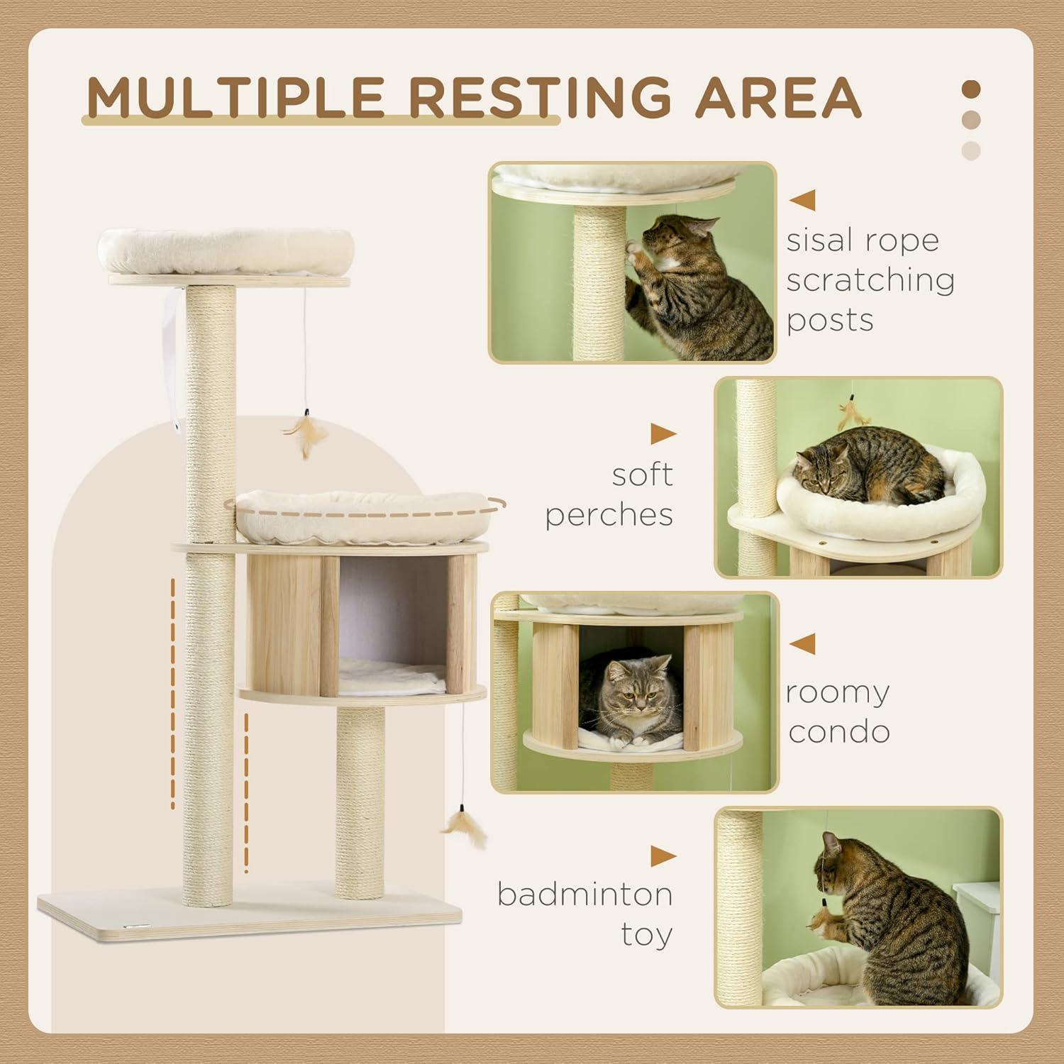 PawHut 3-Level Cat Tree with Sisal Scratching Posts for Playing