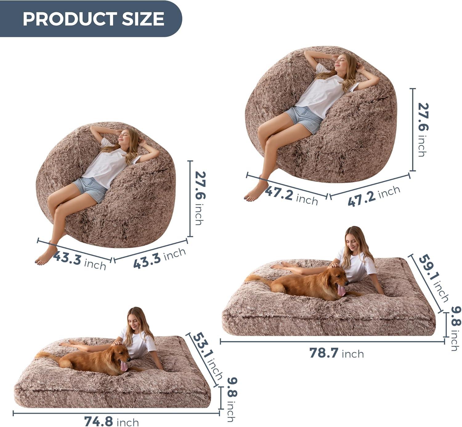 Large Faux Fur Convertible Bean Bag Chair and Bed