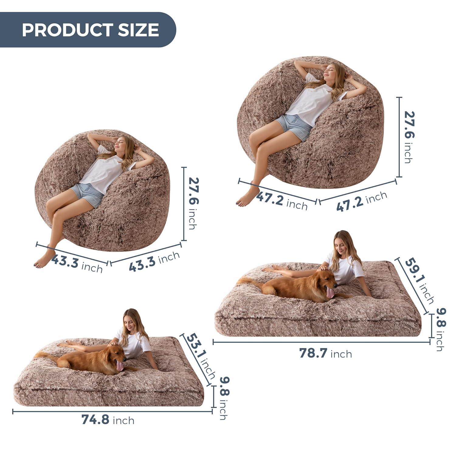 Large Faux Fur Convertible Bean Bag Chair and Bed