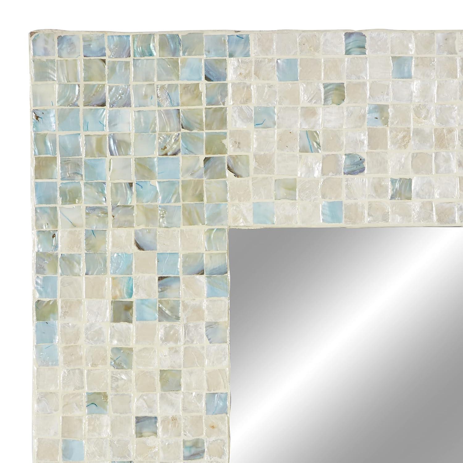 DecMode 24" x 36" Cream Handmade Mosaic Wall Mirror with Blue Corners