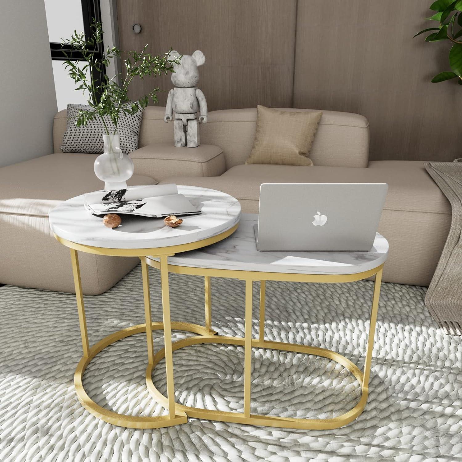 Modern Round White Marble and Gold Nesting Coffee Table Set