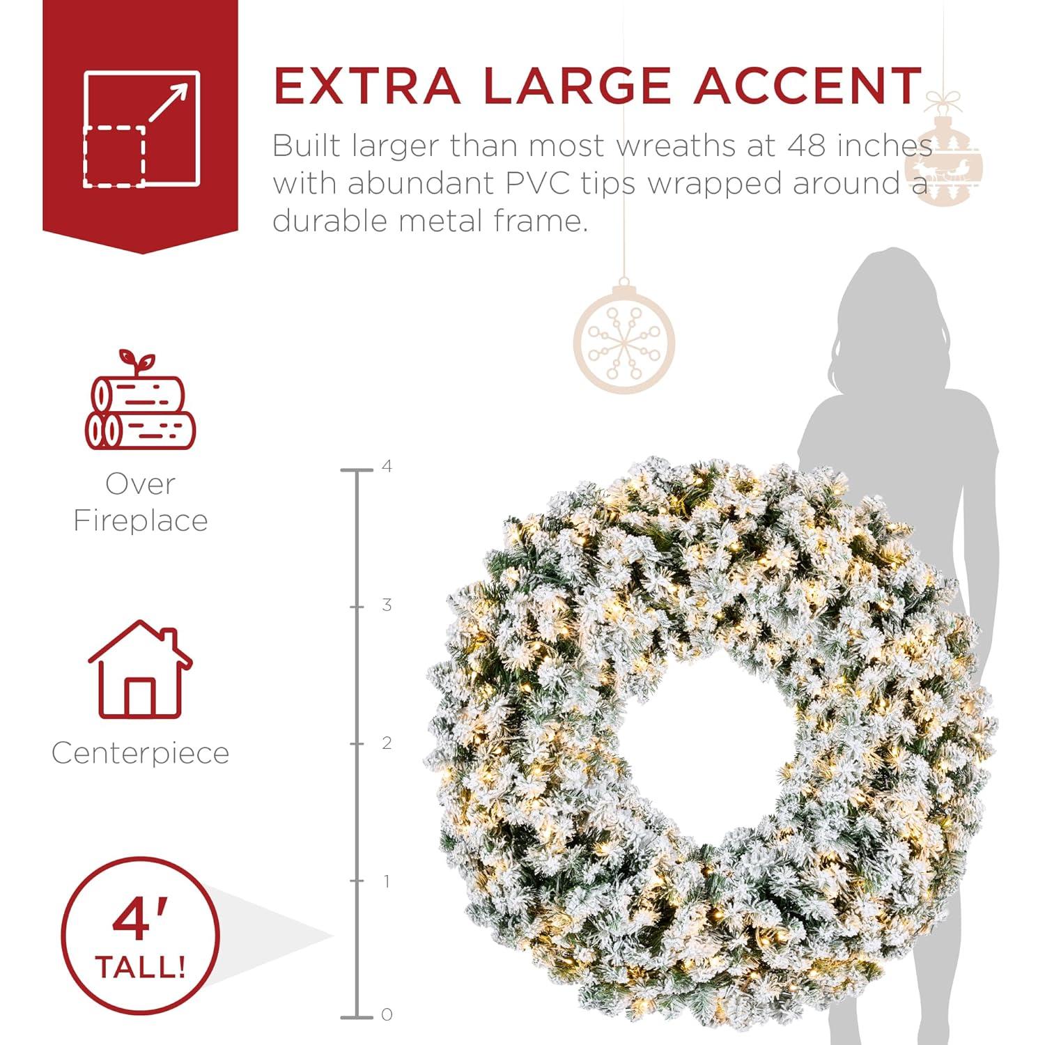 Best Choice Products 48in Artificial Pre-Lit Flocked Fir Christmas Wreath Decoration w/ 200 2-in-1 LED Lights, 714 Tips