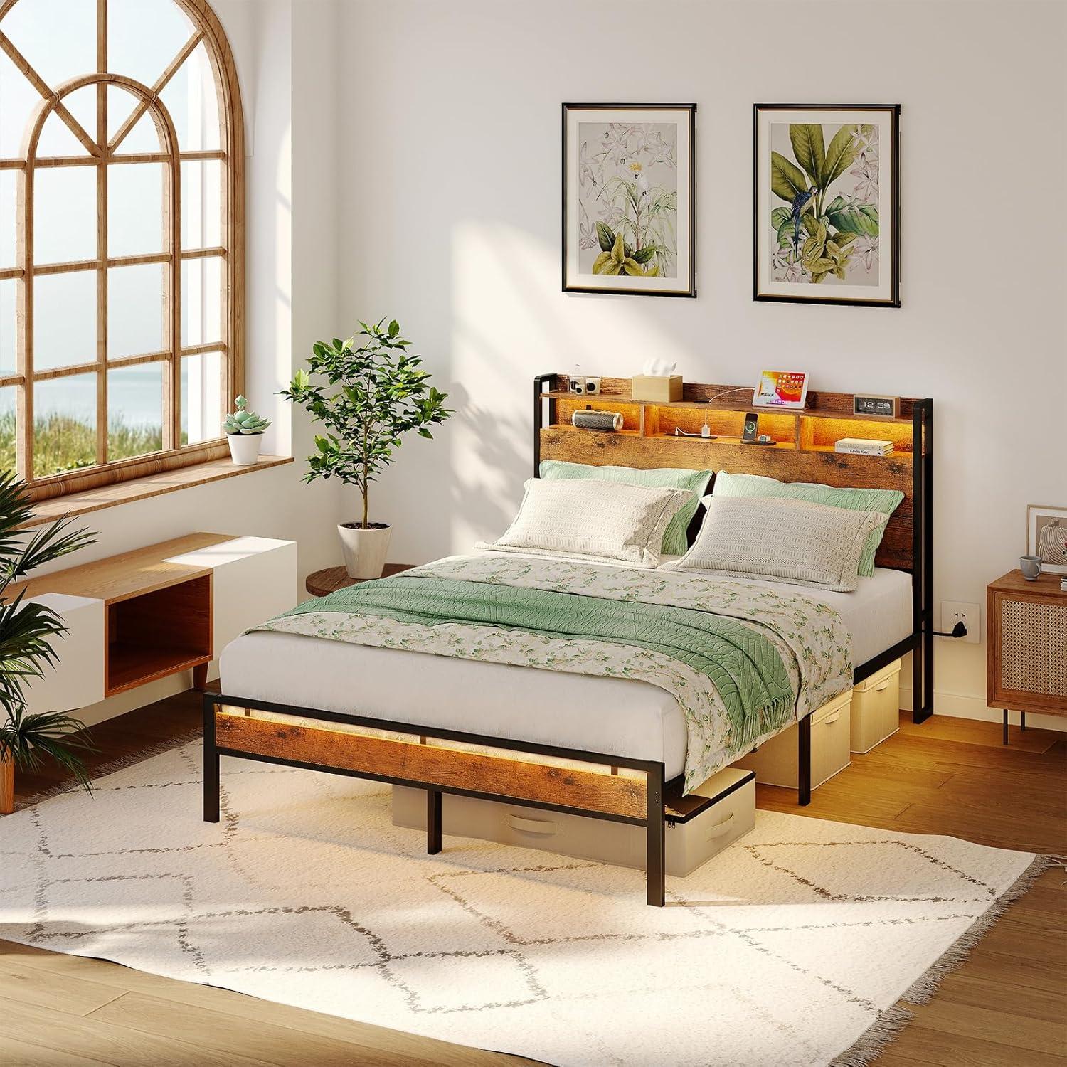 KKL Twin Bed Frames, Storage Headboard with Charging Station, RGB Light Strips, Solid and Stable, Noise Free, No Box Spring Needed, Easy Assembly, Rustic Brown