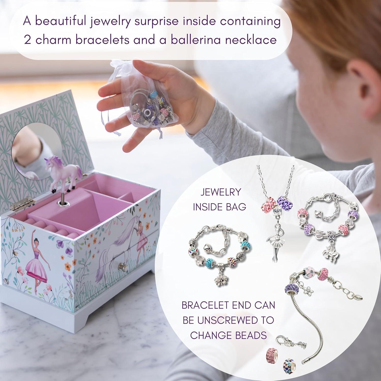 Whimsical Unicorn and Ballerina Musical Jewelry Box with Charm Bracelet Set