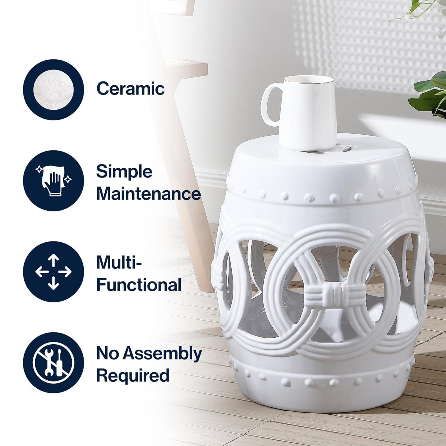 Lucky Coins 16" Eastern-Inspired Ceramic Drum Garden Stool, White - JONATHAN Y