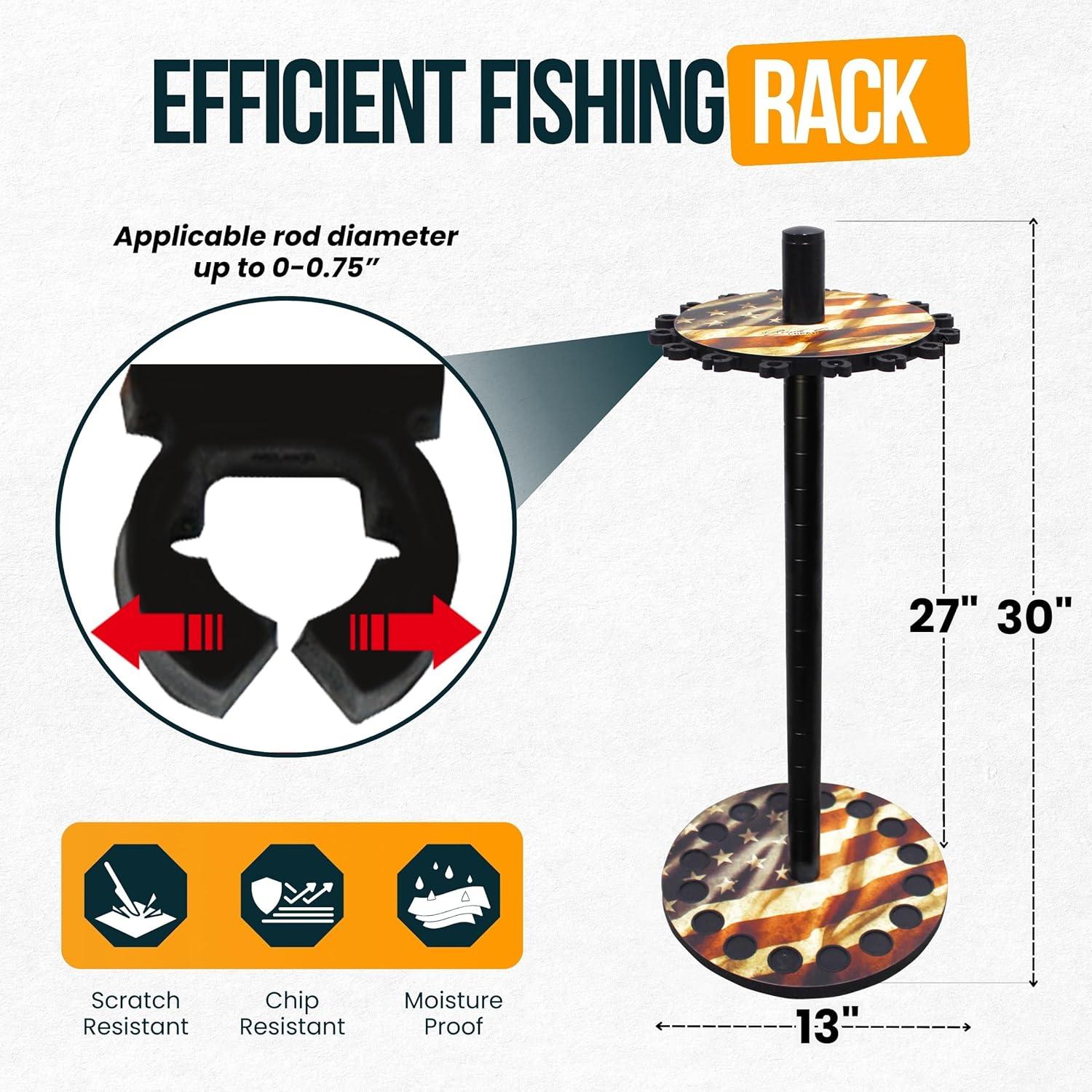 Rush Creek Creations 16 Round Fishing Rod/Pole Storage Floor Rack Americana Finish - Features Heavy Duty Steel Post - No Tool Assembly