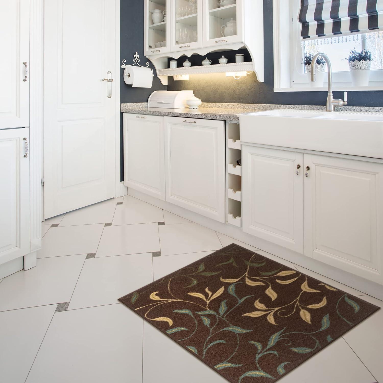 Ottohome Non-Slip Leaves Area Rug For Living Room, Hallway Runner, Entryway Rug, Brown