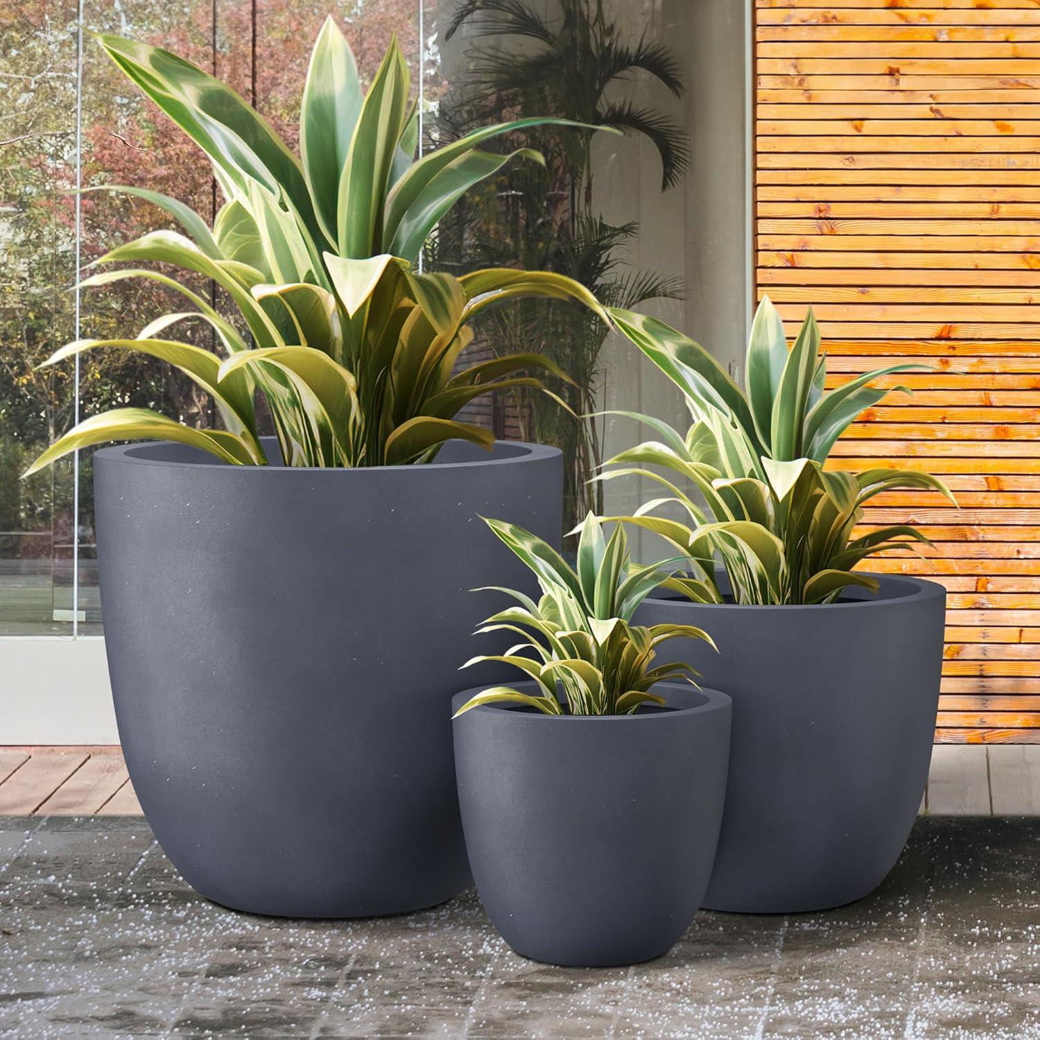 Set of 3 17" Kante Lightweight Modern Seamless Outdoor Concrete Oval Planter Charcoal Black - Rosemead Home & Garden, Inc.