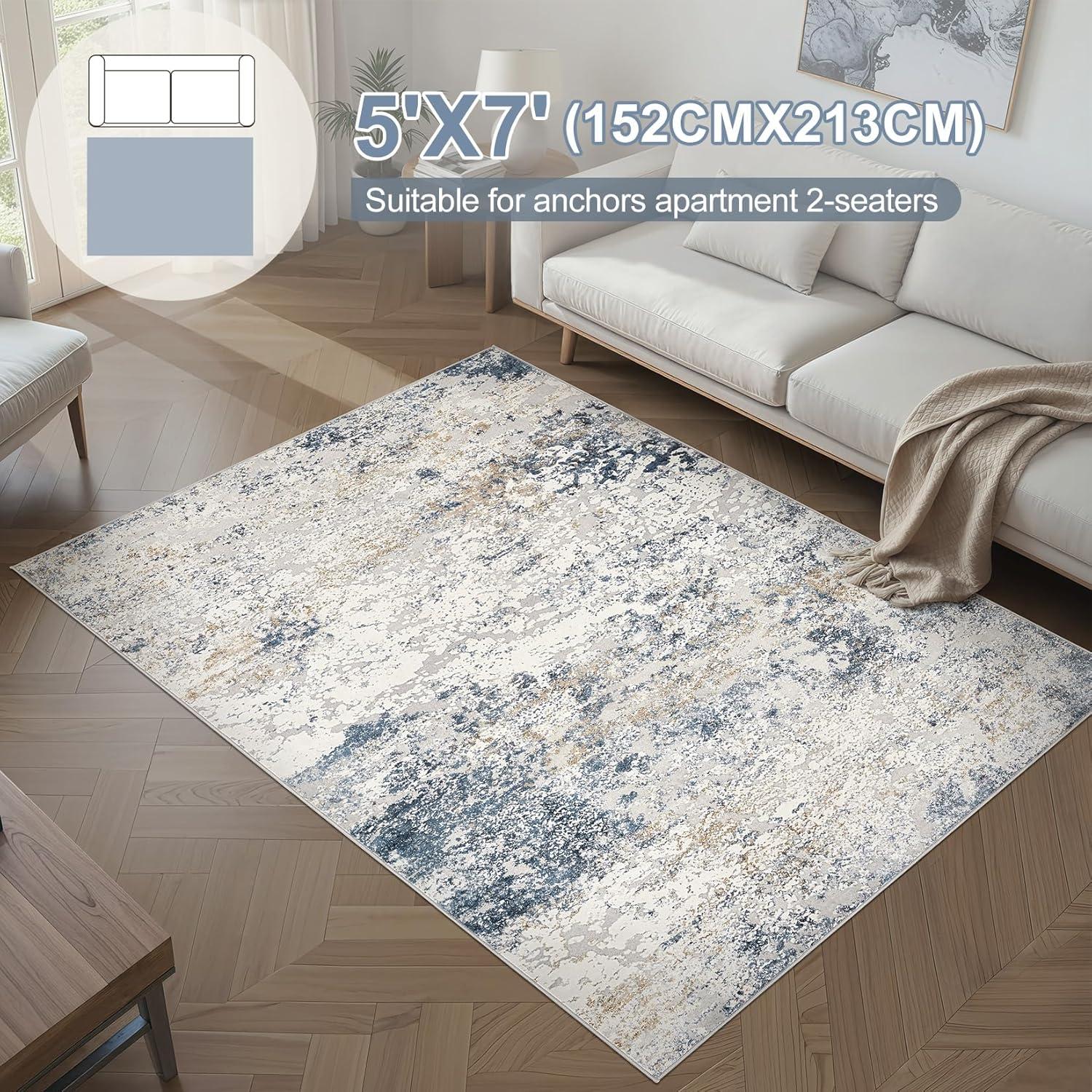 Area Rug Living Room Rugs - 5x7 Abstract Large Soft Indoor Washable Rug Neutral Modern Low Pile Carpet for Bedroom Dining Room Farmhouse Home Office - Beige Blue