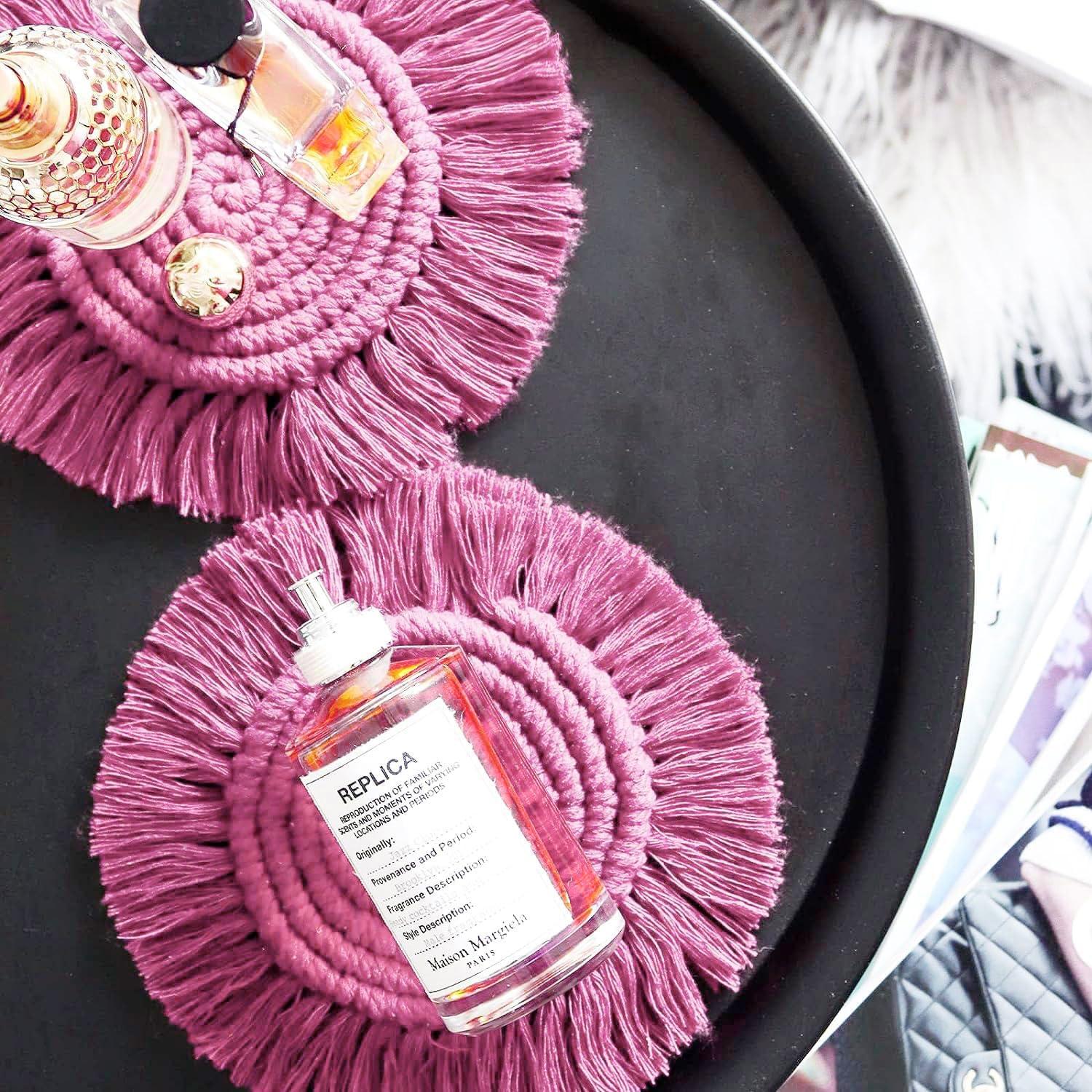 2 Posavasos Bohemios de Macramé para Bebidas, Posavasos Absorbentes con Borla, Posavasos Redondos de Algodón Hechos a Mano de 7 Pulgadas para Mesa de Escritorio, Cocina, Oficina, Hogar, Bar, Protección de Mesa, Regalo de Inauguración de la Casa, Rosa