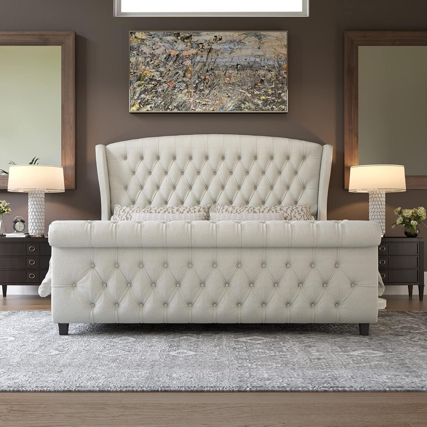 Dulane Chenille Upholstered Sleigh Bed with Scroll Wingback Headboard