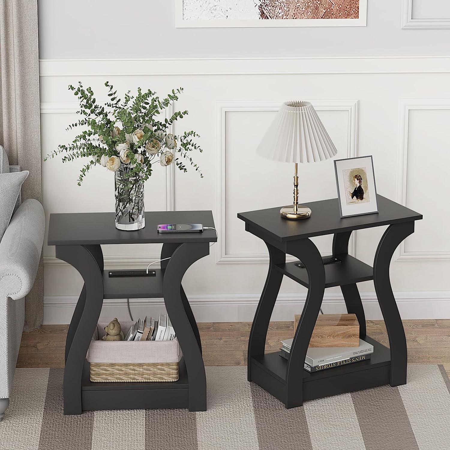 End Table with Charging Station, Side Table with USB Ports and Outlets, Nightstand, 3 Tier End Table with Storage Shelf for Living Room, Bedroom (Black)