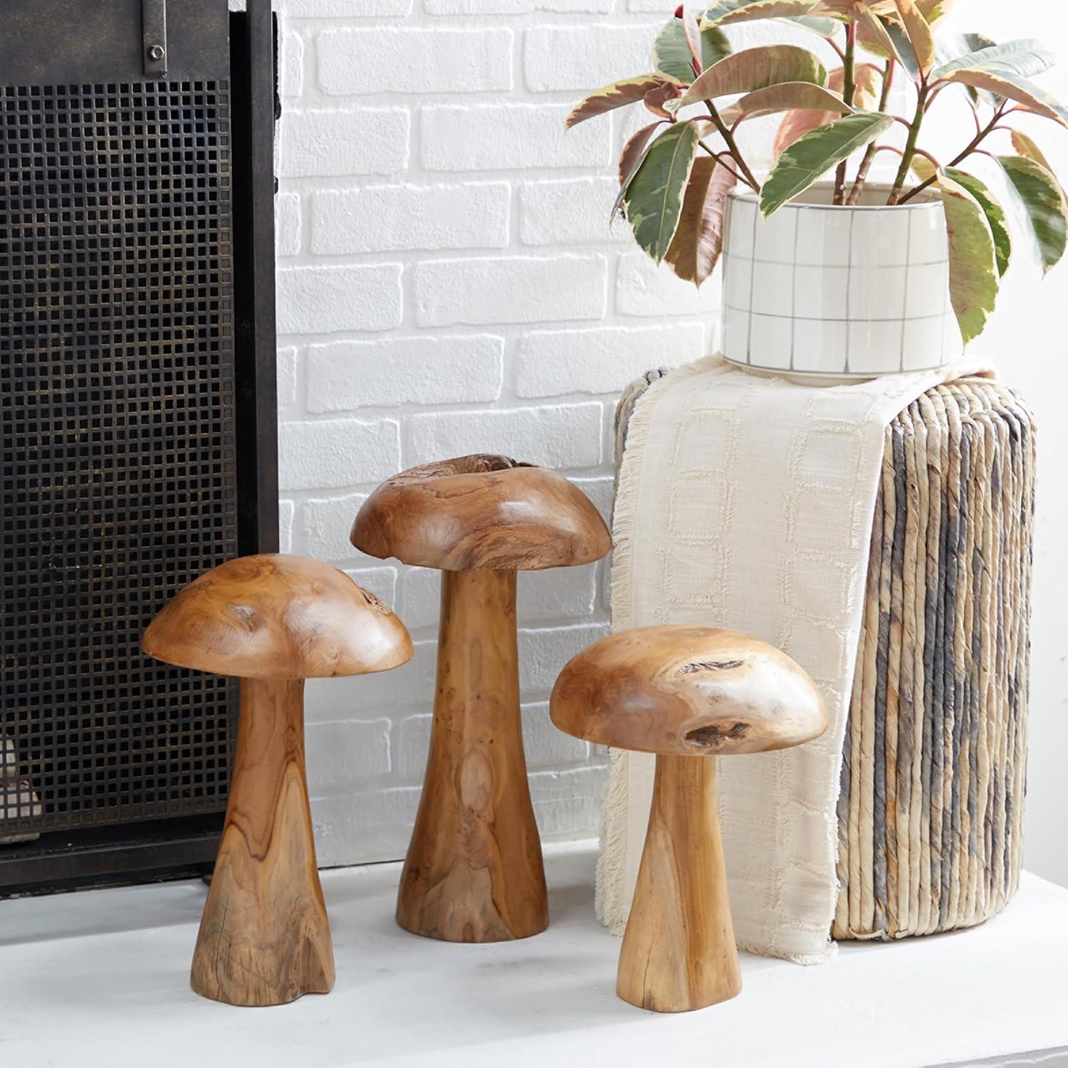 DecMode Contemporary Brown Wood Mushroom Sculpture with Golden Brown/Beige Finish, Set of 3 16", 14", 12"H