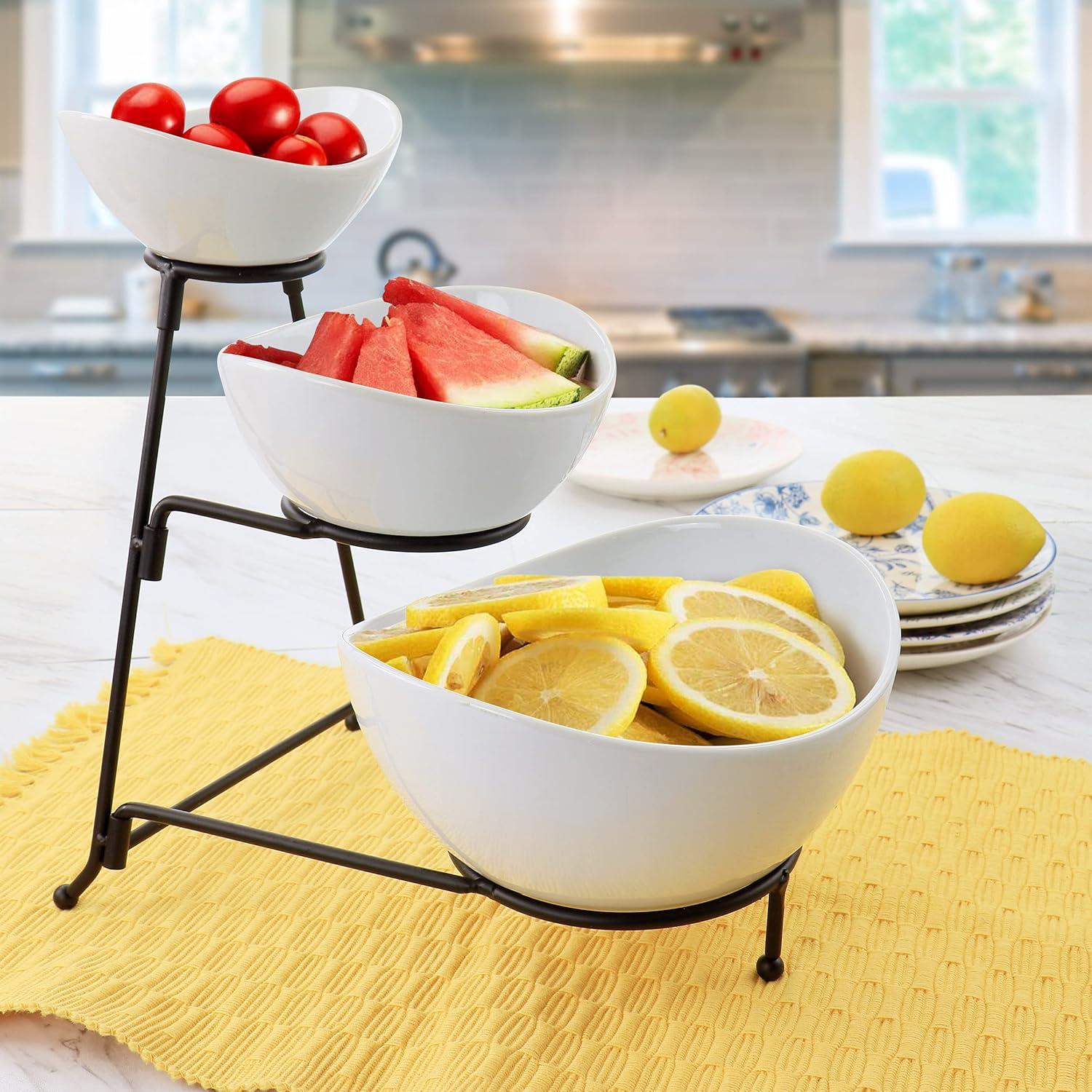 White Ceramic 3-Tier Oval Serving Bowl Set with Metal Stand