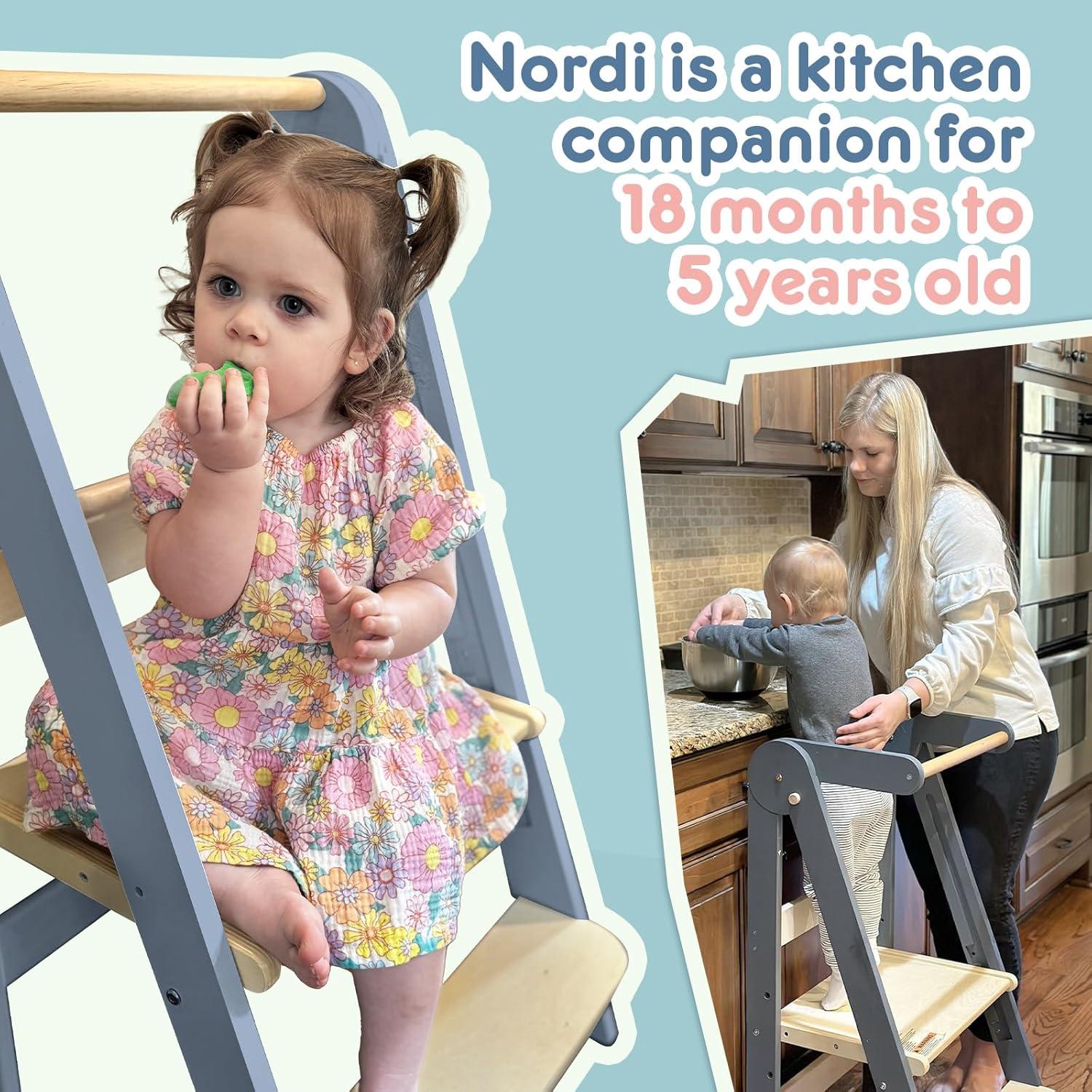 Nordi Foldable Toddler Kitchen Tower, Montessori Kitchen Stools Helper, Standing Tower with 3 Adjustable Heights, Suitable Age for 2-6 Years, White