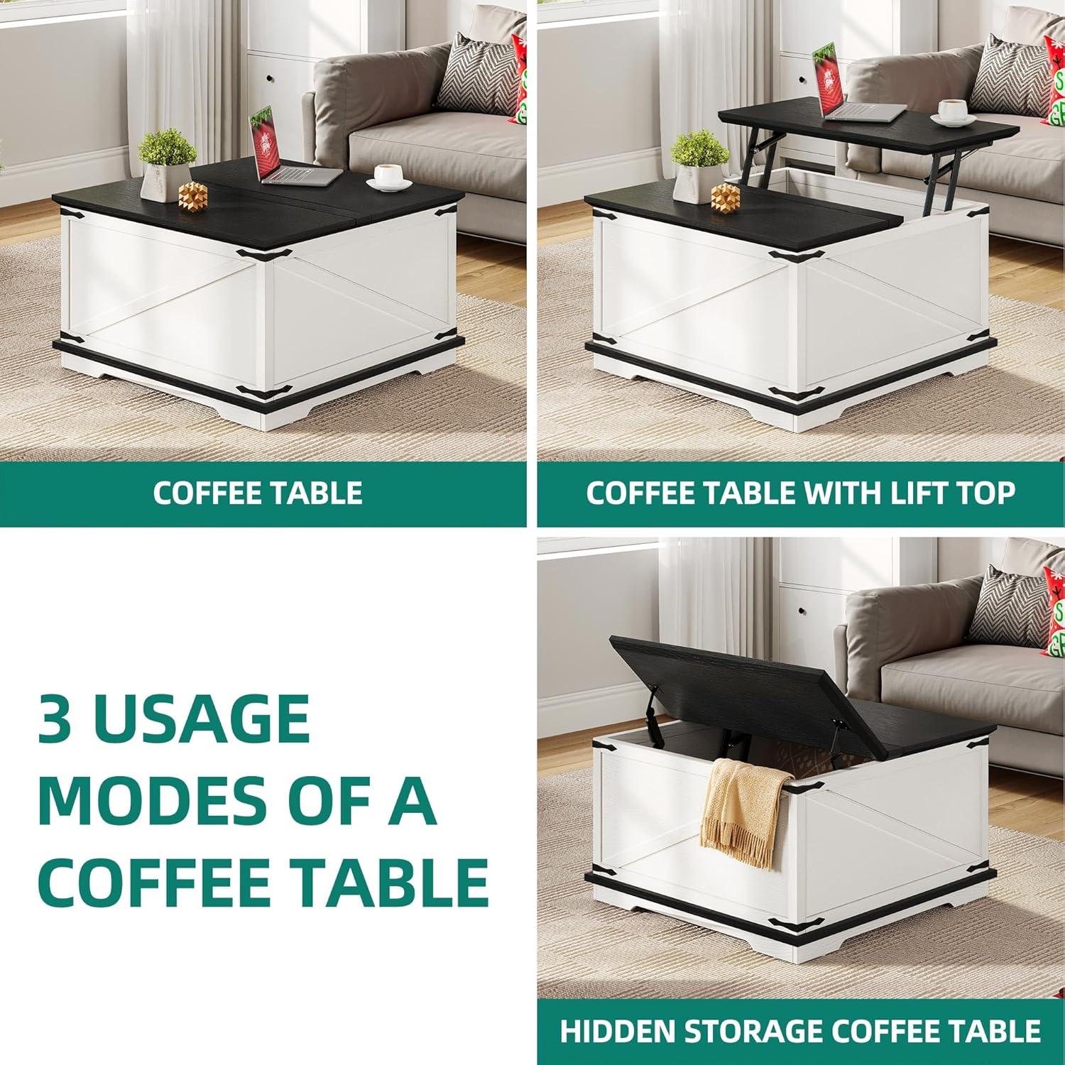 White Square Lift-Top Coffee Table with Hidden Storage