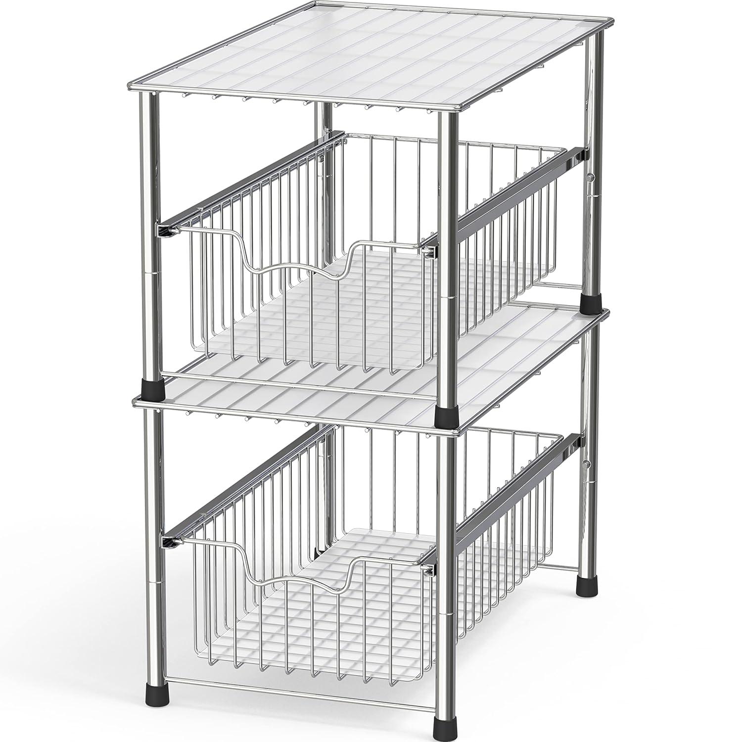 Chrome Stackable Metal Cabinet Organizer Basket Drawer