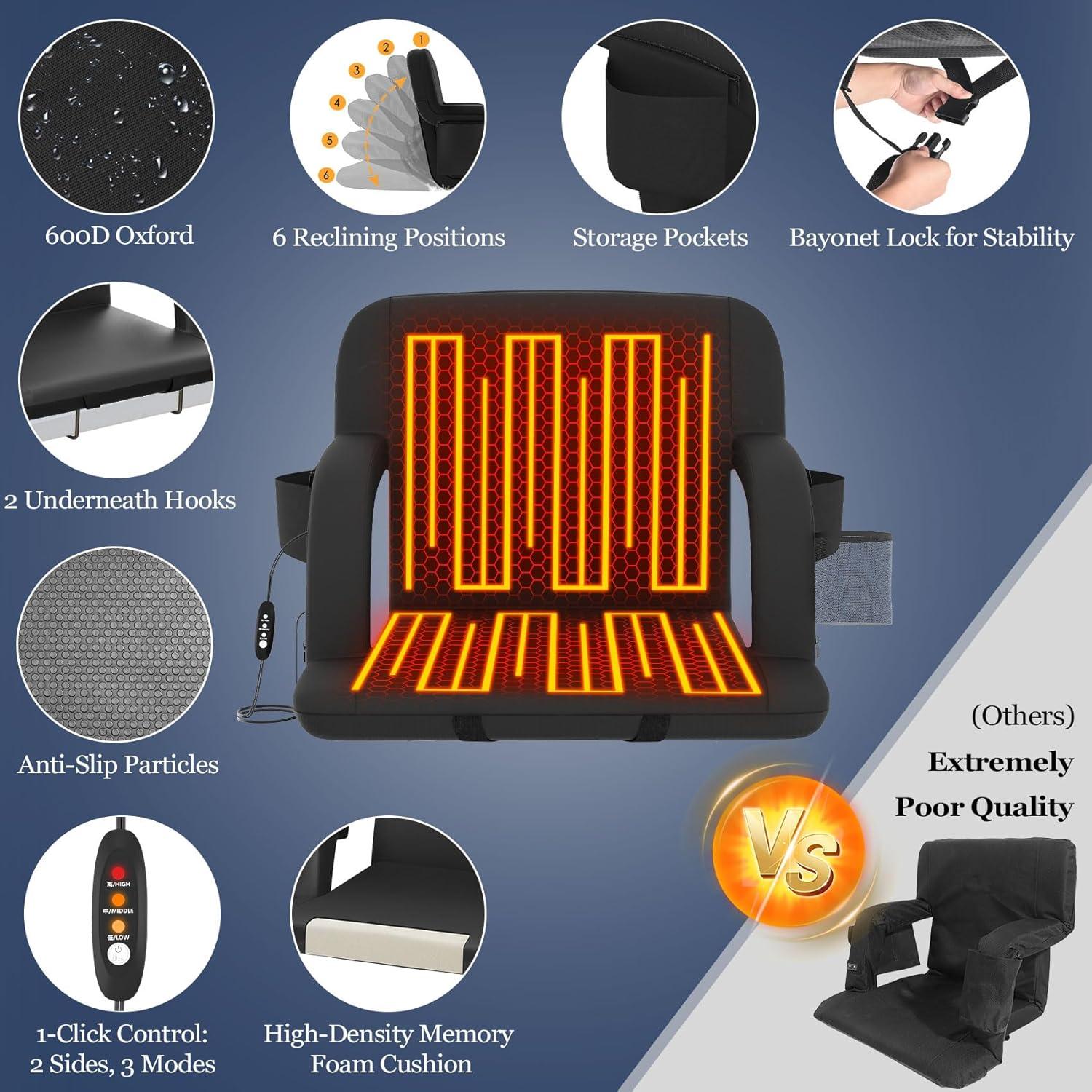 PNKKODW 21" 2PCS Foldable Heated Stadium Seats for Bleachers w/ Back Support, Extra Portable Bleacher Seat, USB 3 Levels of Heat, 5 Pockets for Outdoor Camping Games Sports(No Battery)