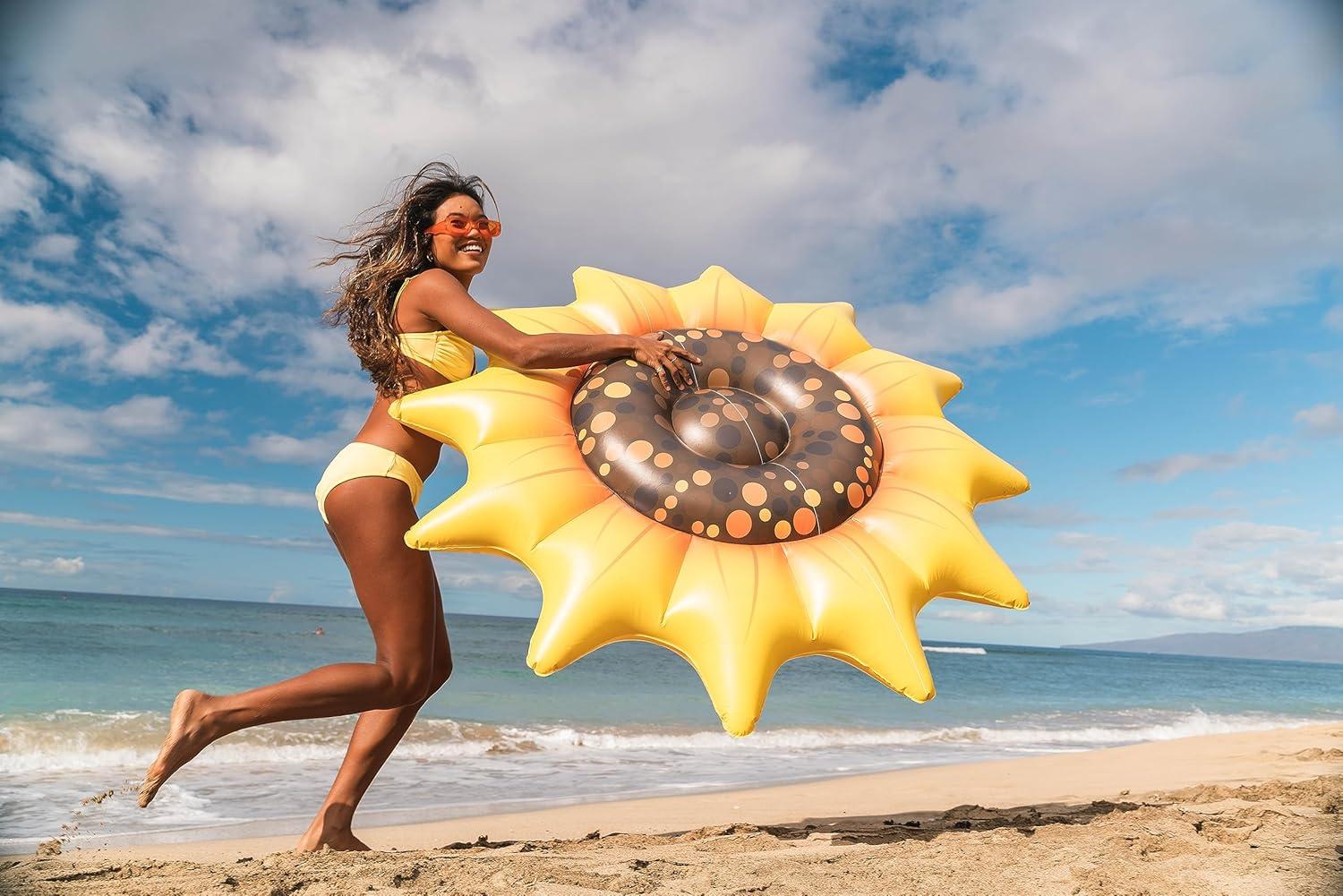 Get Ready for Summer Fun with PoolCandy's Inflatable Sunflower Island Pool Float - Perfect for Parties and Relaxation. The Ultimate Swimming Pool Inflatable Toy.